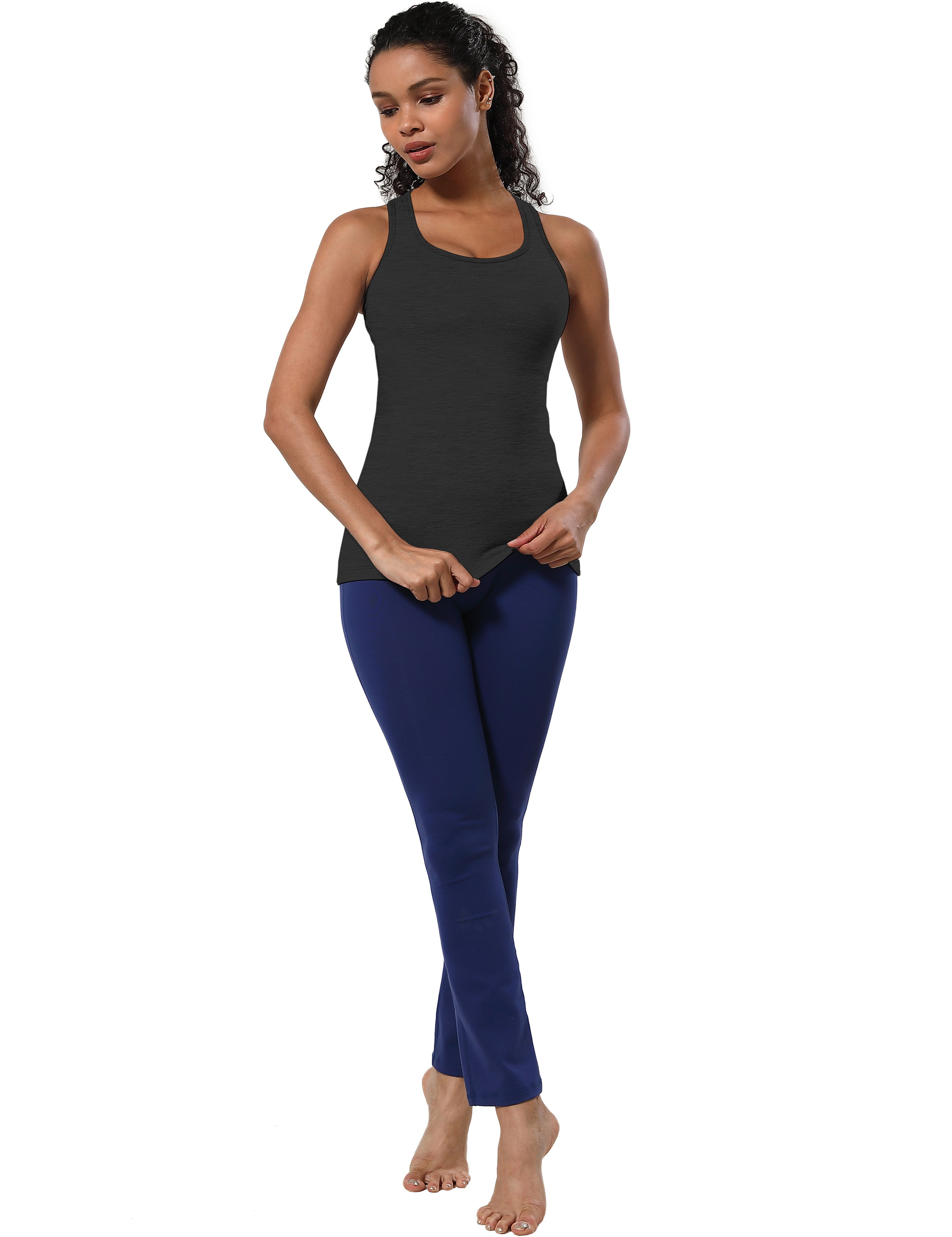 Racerback Athletic Tank Tops heathercharcoal 92%Nylon/8%Spandex(Cotton Soft) Designed for Yoga Tight Fit So buttery soft, it feels weightless Sweat-wicking Four-way stretch Breathable Contours your body Sits below the waistband for moderate, everyday coverage