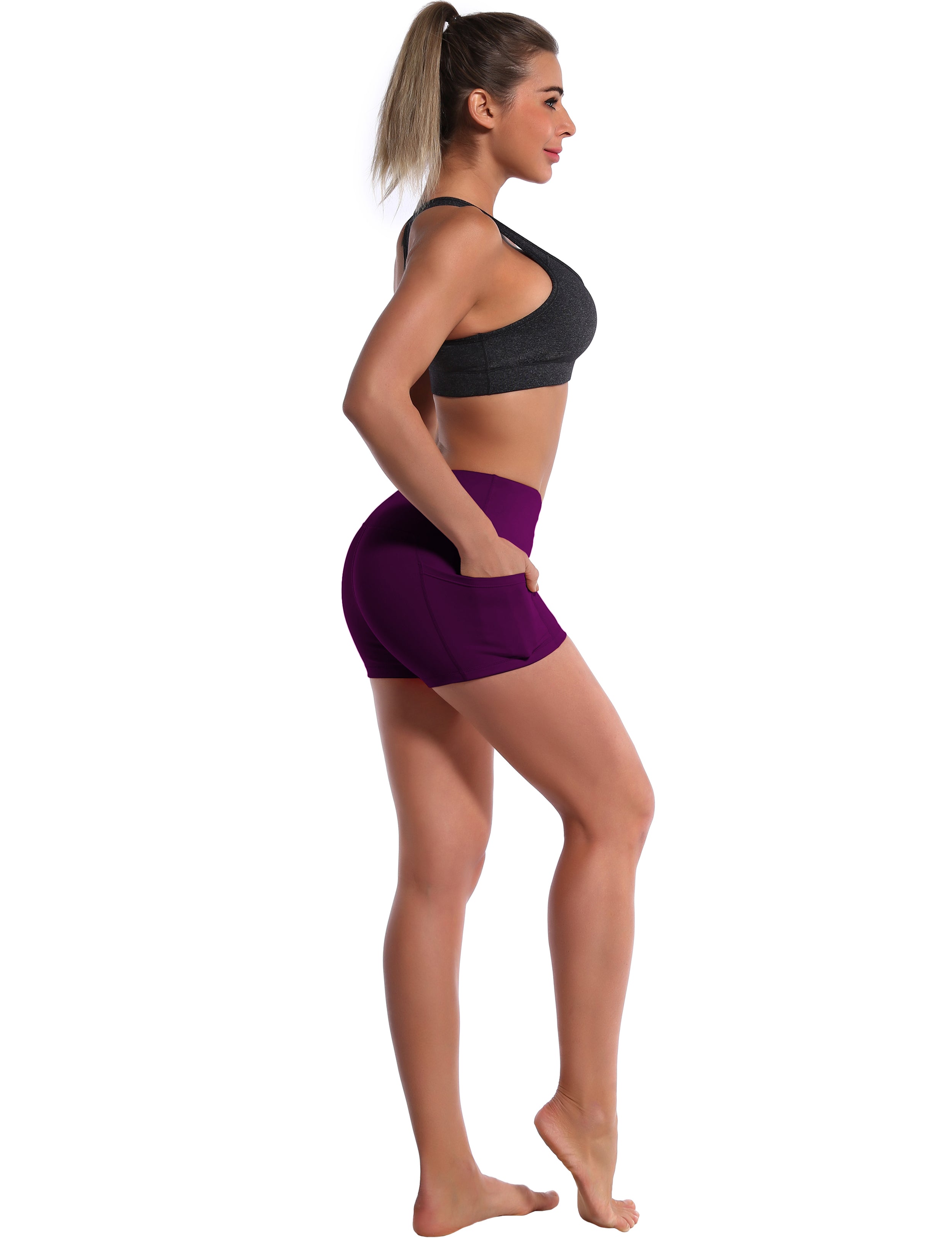 2.5" Side Pockets Yoga Shorts plum Sleek, soft, smooth and totally comfortable: our newest sexy style is here. Softest-ever fabric High elasticity High density 4-way stretch Fabric doesn't attract lint easily No see-through Moisture-wicking Machine wash 78% Polyester, 22% Spandex