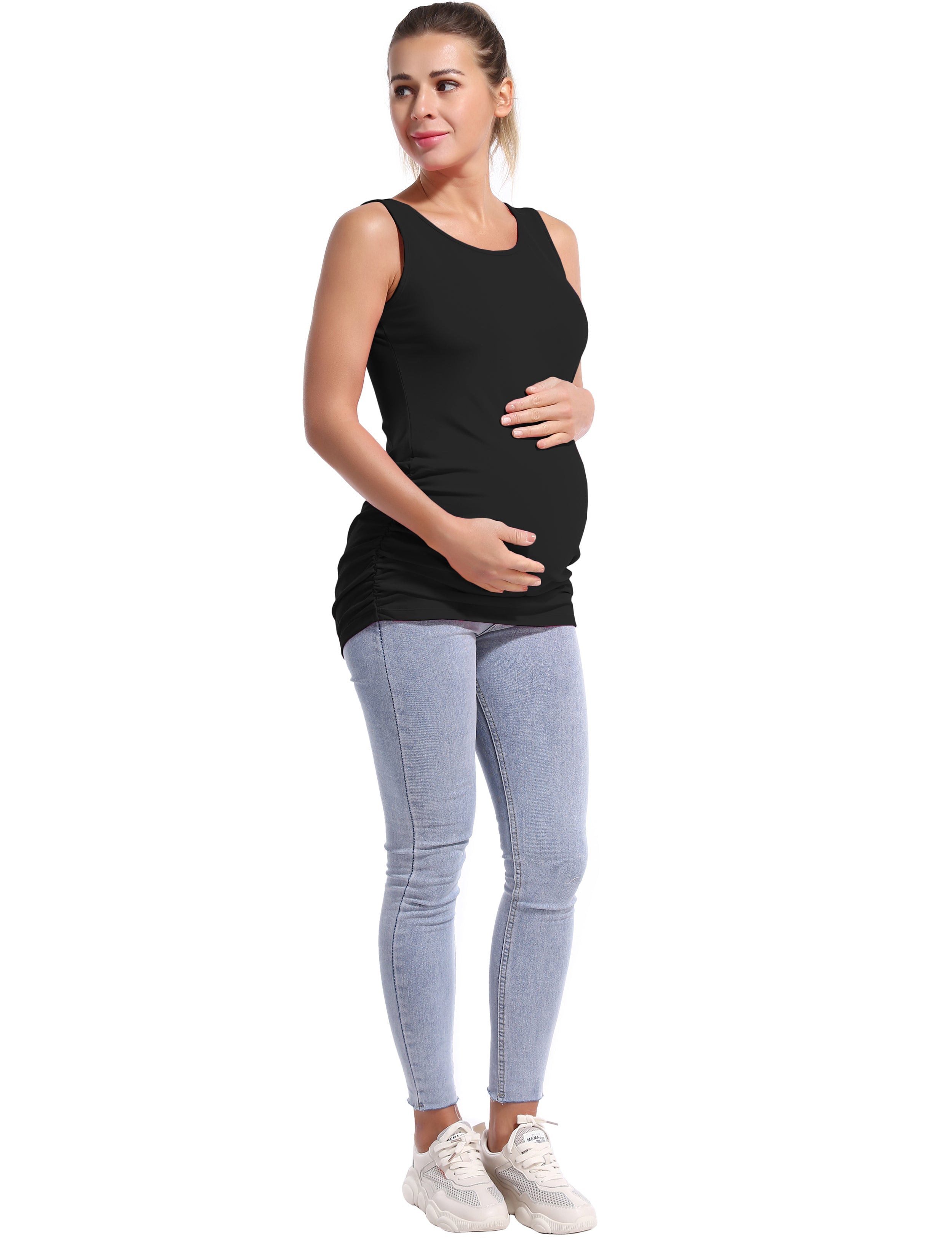 Maternity Side Shirred Tank Top black 92%Nylon/8%Spandex(Cotton Soft) Designed for Maternity So buttery soft, it feels weightless Sweat-wicking Four-way stretch Breathable Contours your body