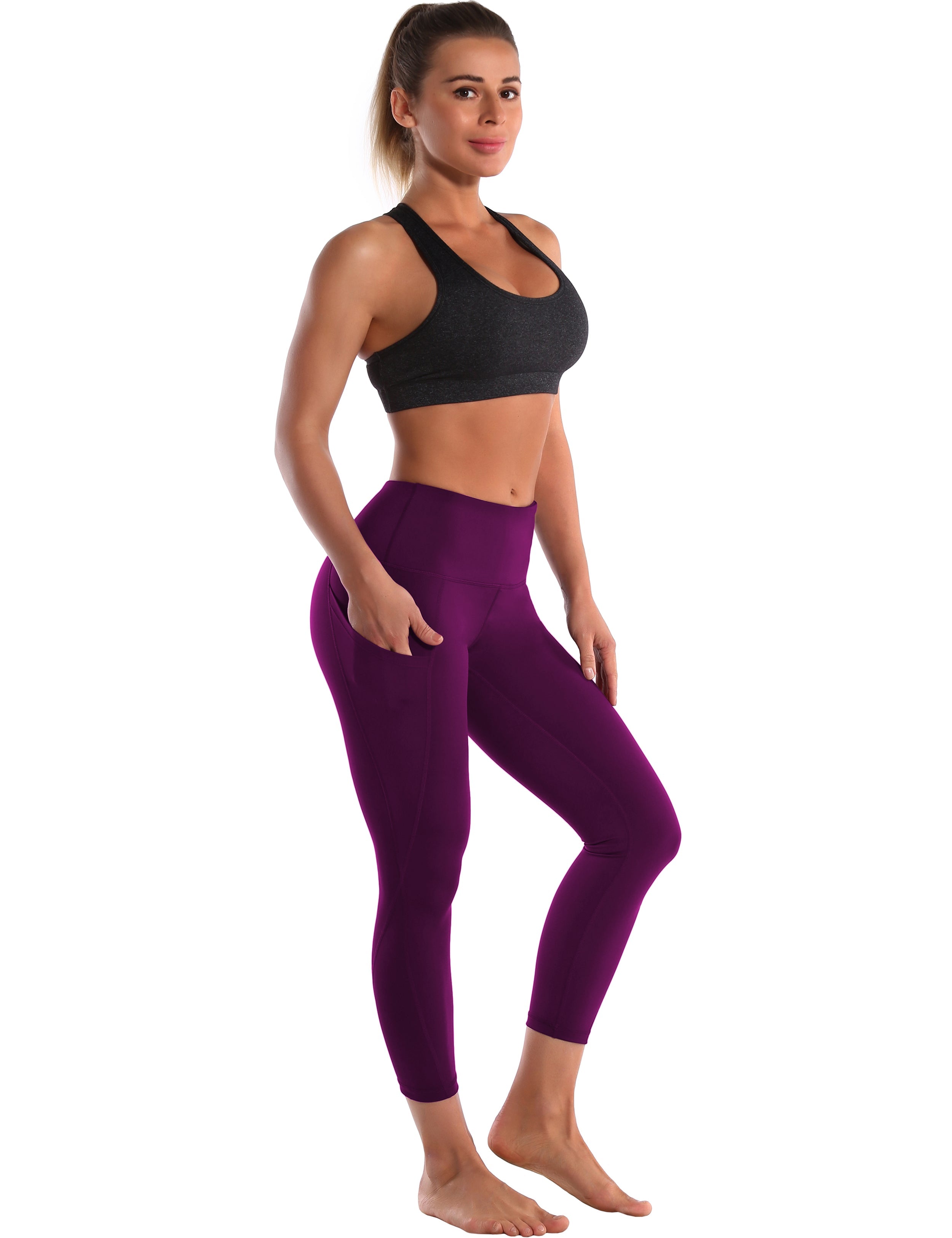 22" High Waist Side Pockets Capris plum 75%Nylon/25%Spandex Fabric doesn't attract lint easily 4-way stretch No see-through Moisture-wicking Tummy control Inner pocket