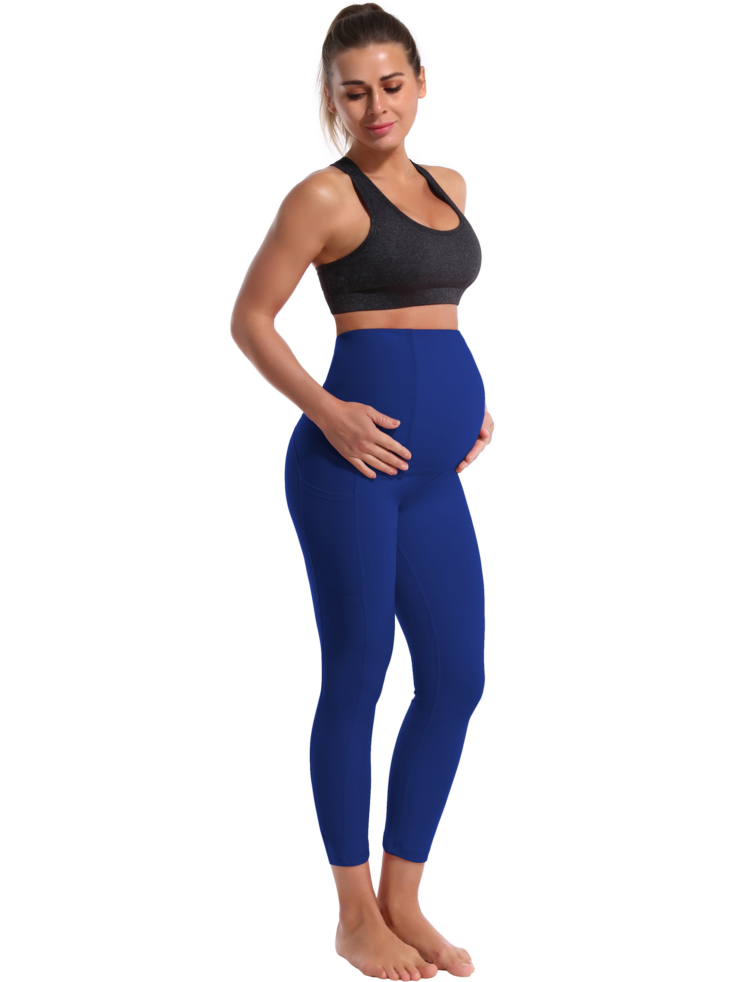 22" Side Pockets Maternity Gym Pants navy 87%Nylon/13%Spandex Softest-ever fabric High elasticity 4-way stretch Fabric doesn't attract lint easily No see-through Moisture-wicking Machine wash