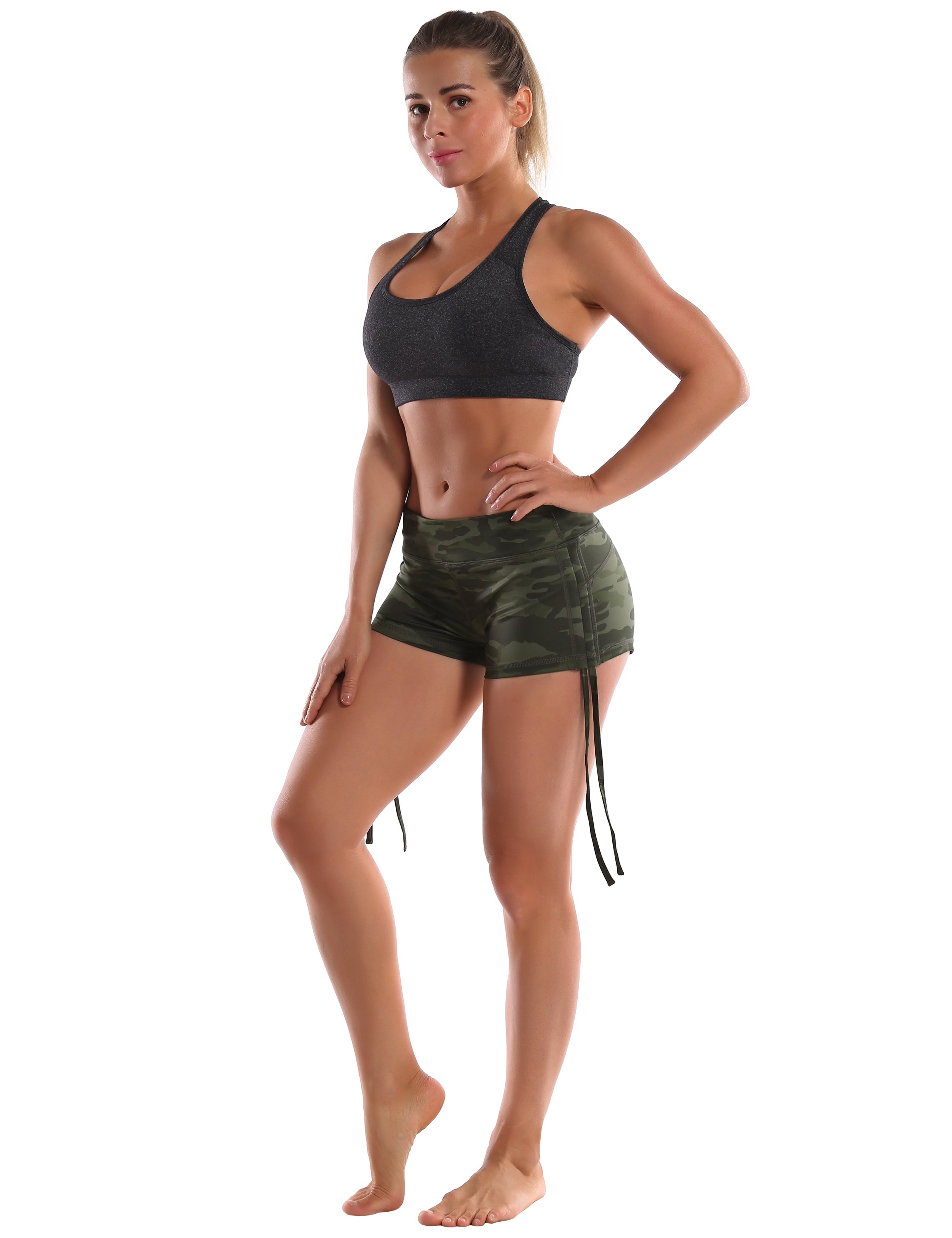 Printed Side Drawstring Hot Shorts green camo Sleek, soft, smooth and totally comfortable: our newest sexy style is here. Softest-ever fabric High elasticity High density 4-way stretch Fabric doesn't attract lint easily No see-through Moisture-wicking Machine wash 78% Polyester, 22% Spandex