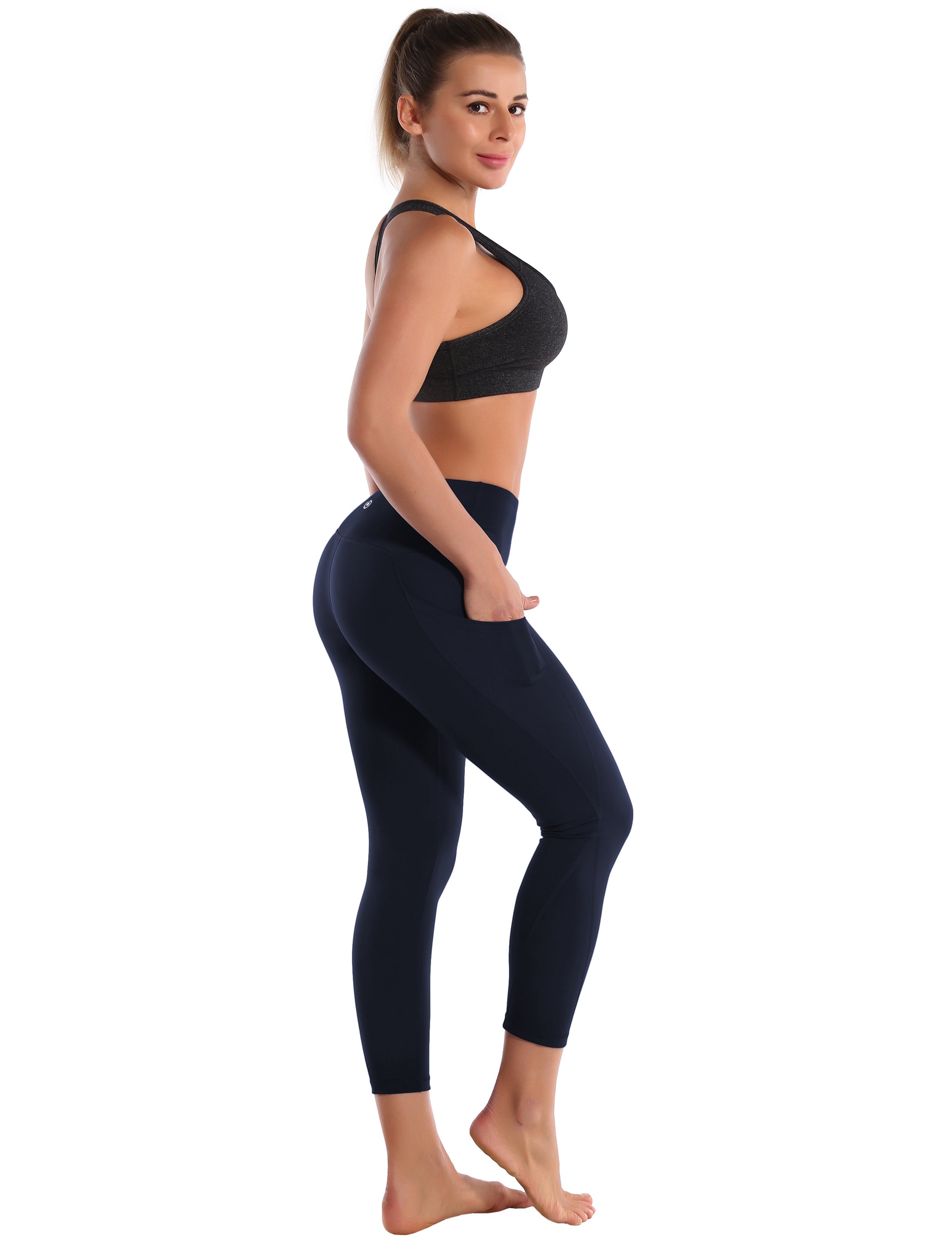 22" High Waist Side Pockets Capris darknavy 75%Nylon/25%Spandex Fabric doesn't attract lint easily 4-way stretch No see-through Moisture-wicking Tummy control Inner pocket