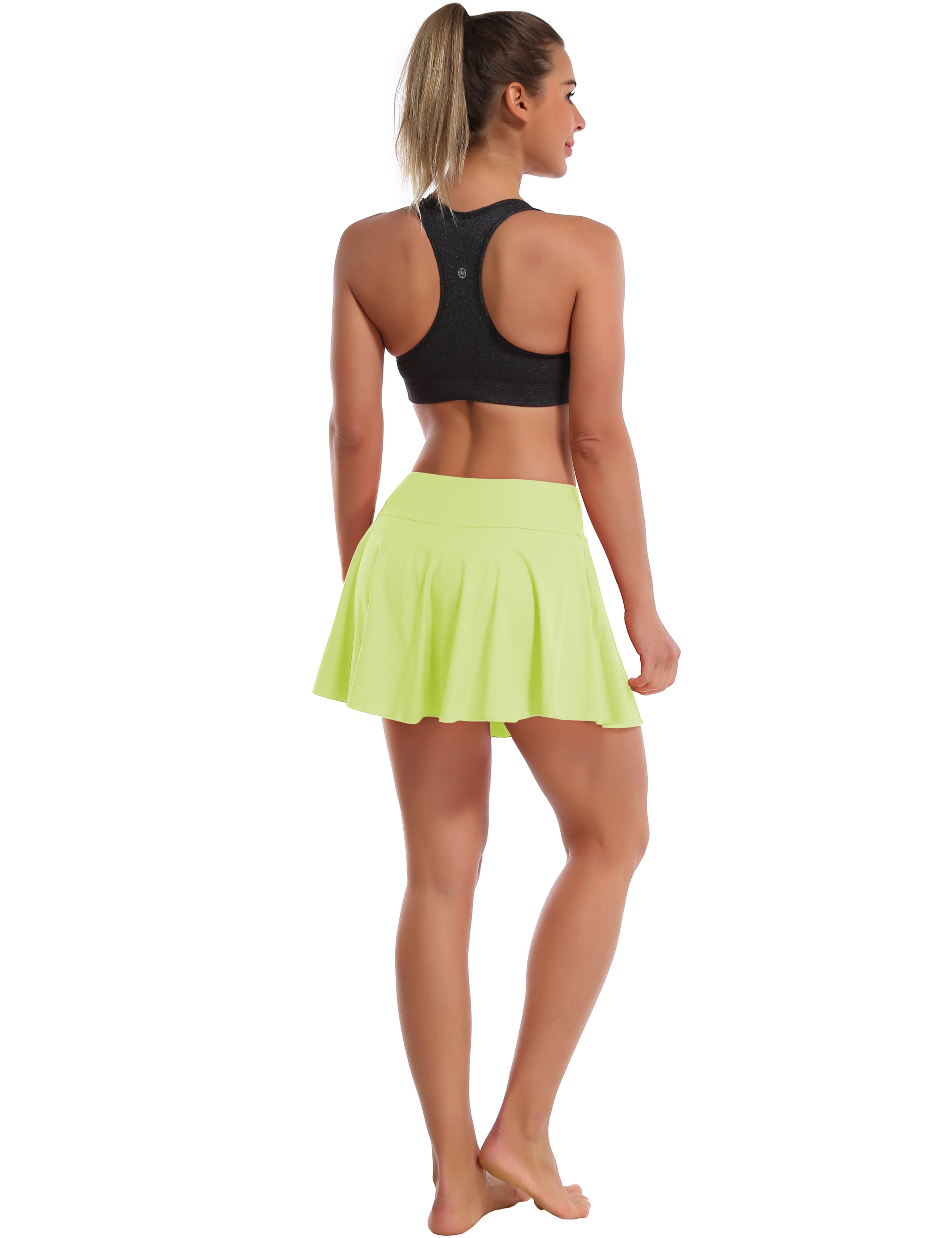 Athletic Tennis Golf Pleated Skort Awith Pocket Shorts noenyellow 80%Nylon/20%Spandex UPF 50+ sun protection Elastic closure Lightweight, Wrinkle Moisture wicking Quick drying Secure & comfortable two layer Hidden pocket
