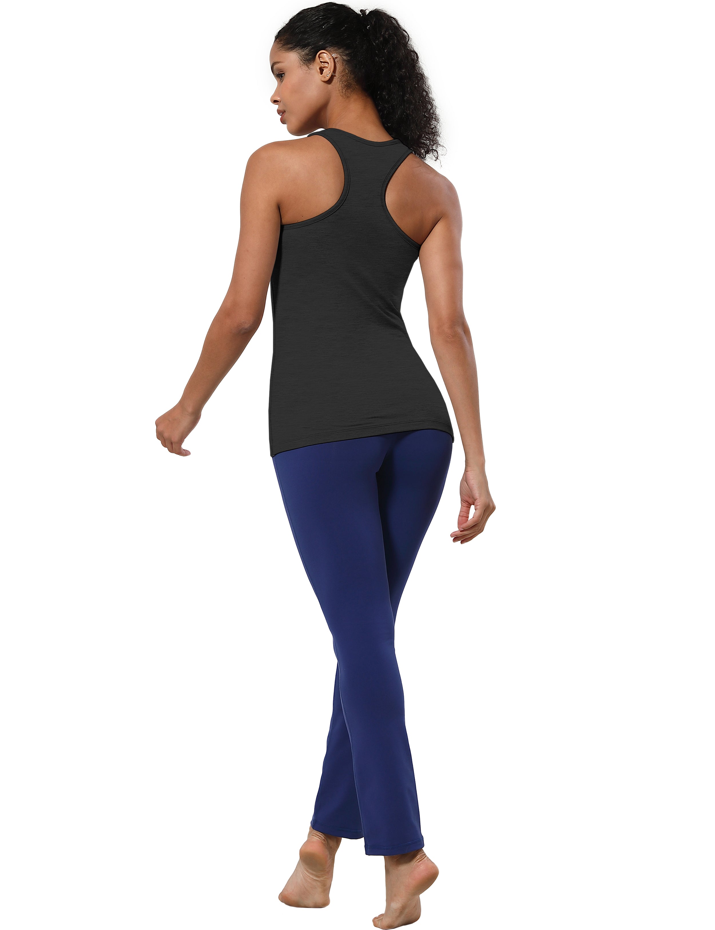 Racerback Athletic Tank Tops heathercharcoal 92%Nylon/8%Spandex(Cotton Soft) Designed for Pilates Tight Fit So buttery soft, it feels weightless Sweat-wicking Four-way stretch Breathable Contours your body Sits below the waistband for moderate, everyday coverage
