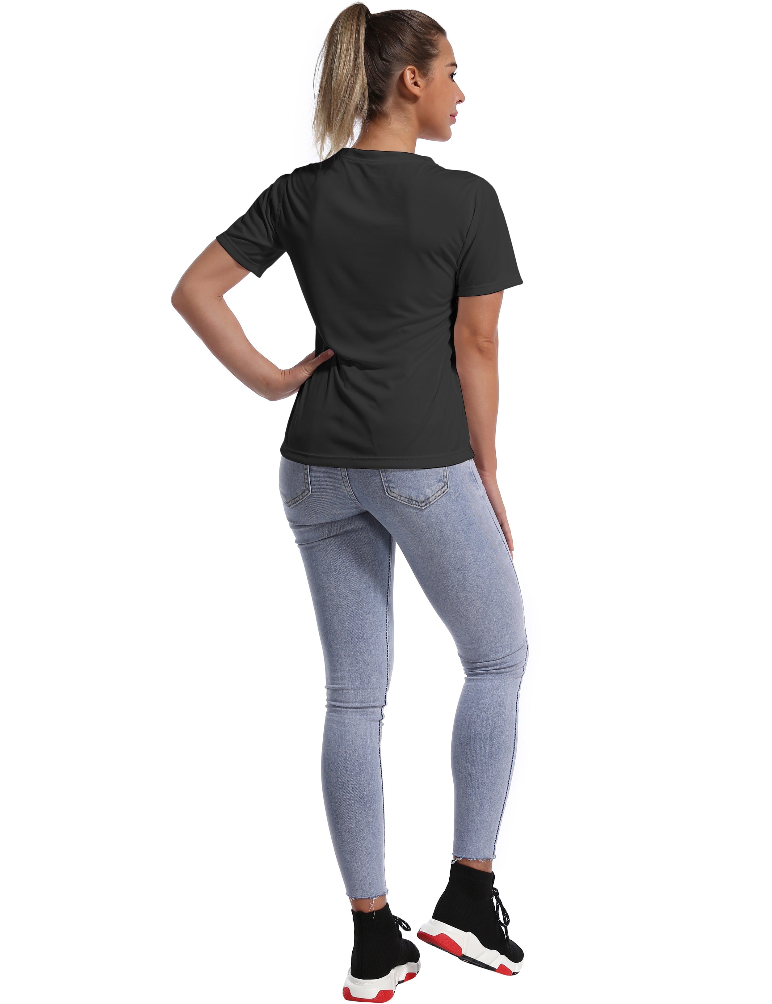 V-Neck Short Sleeve Athletic Shirts black_yoga
