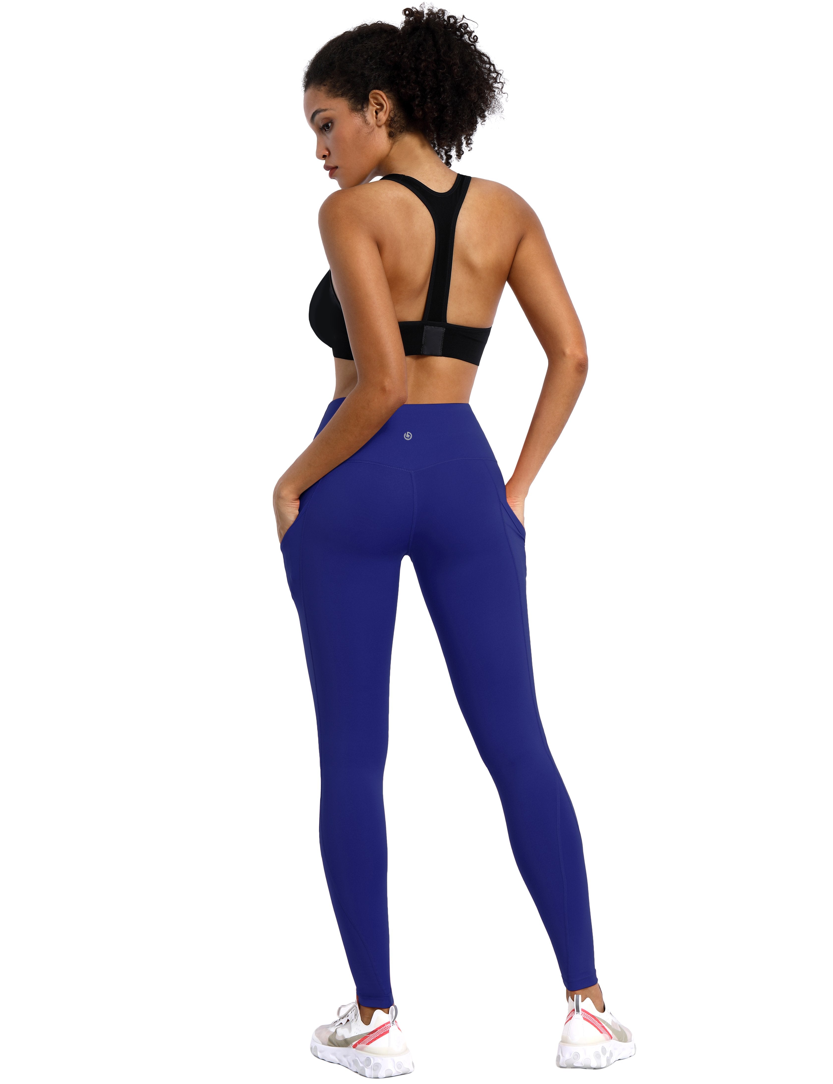 High Waist Side Pockets Gym Pants navy 75% Nylon, 25% Spandex Fabric doesn't attract lint easily 4-way stretch No see-through Moisture-wicking Tummy control Inner pocket