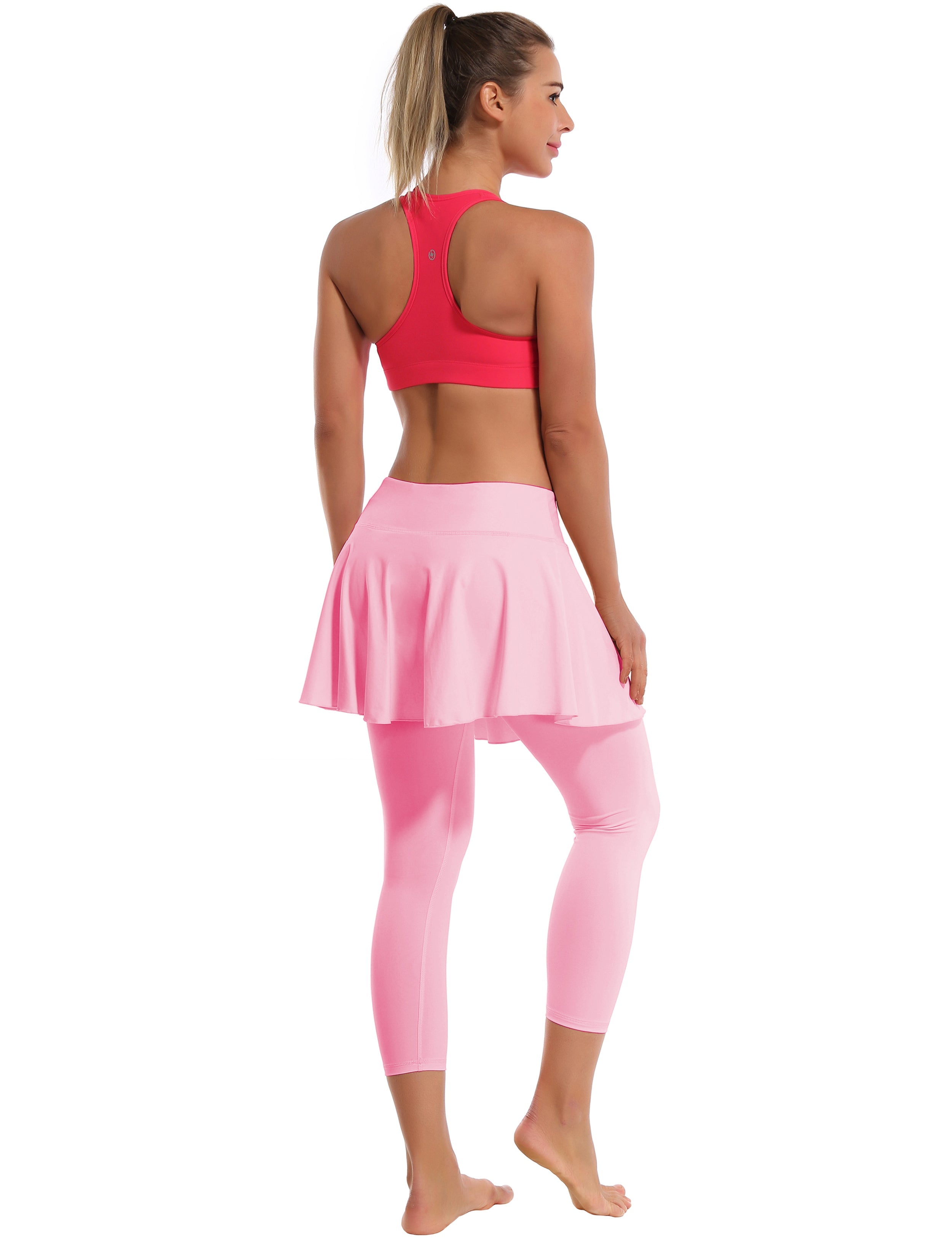 19" Capris Tennis Golf Skirted Leggings with Pockets lightpink 80%Nylon/20%Spandex UPF 50+ sun protection Elastic closure Lightweight, Wrinkle Moisture wicking Quick drying Secure & comfortable two layer Hidden pocket