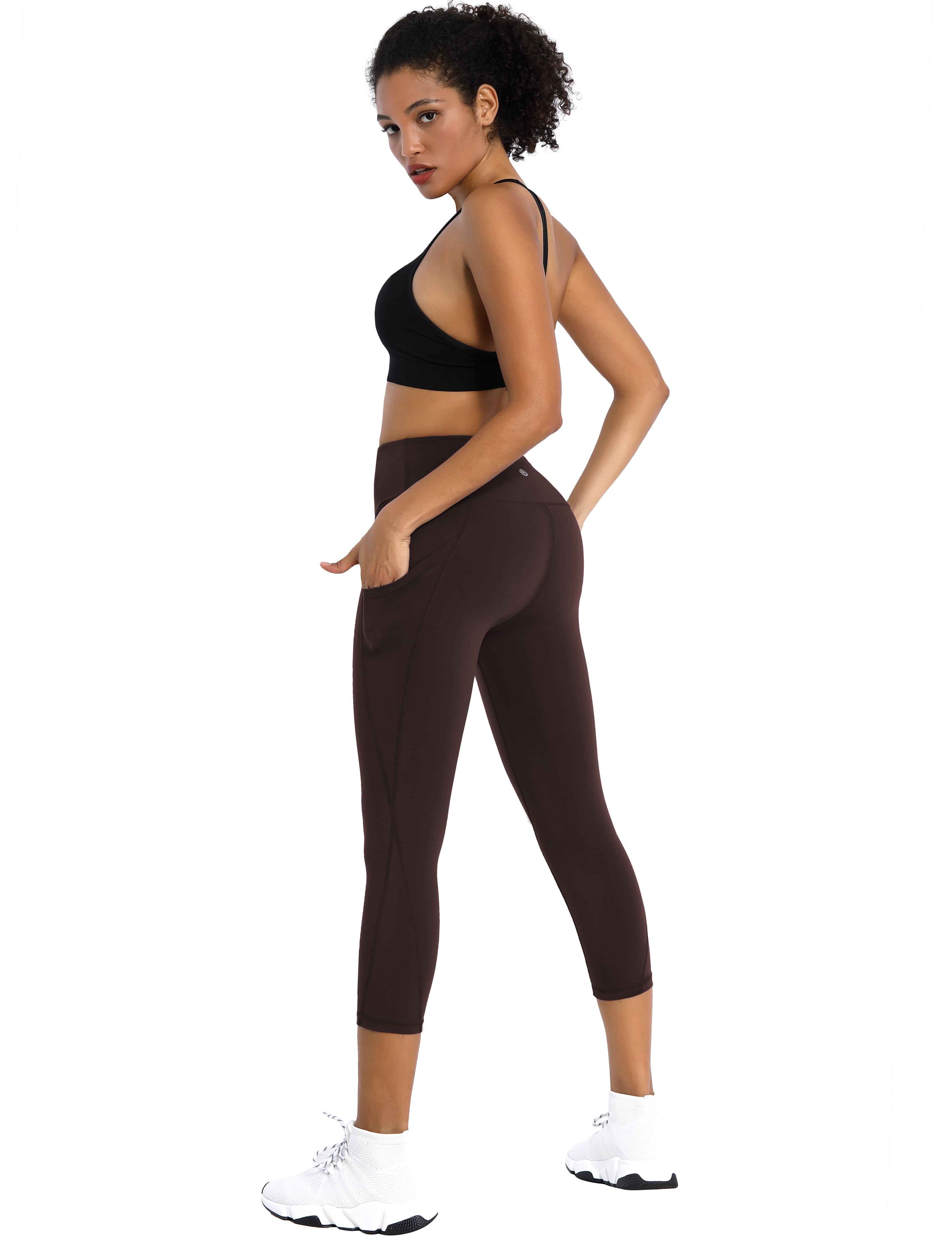 19" High Waist Side Pockets Capris mahoganymaroon 75%Nylon/25%Spandex Fabric doesn't attract lint easily 4-way stretch No see-through Moisture-wicking Tummy control Inner pocket