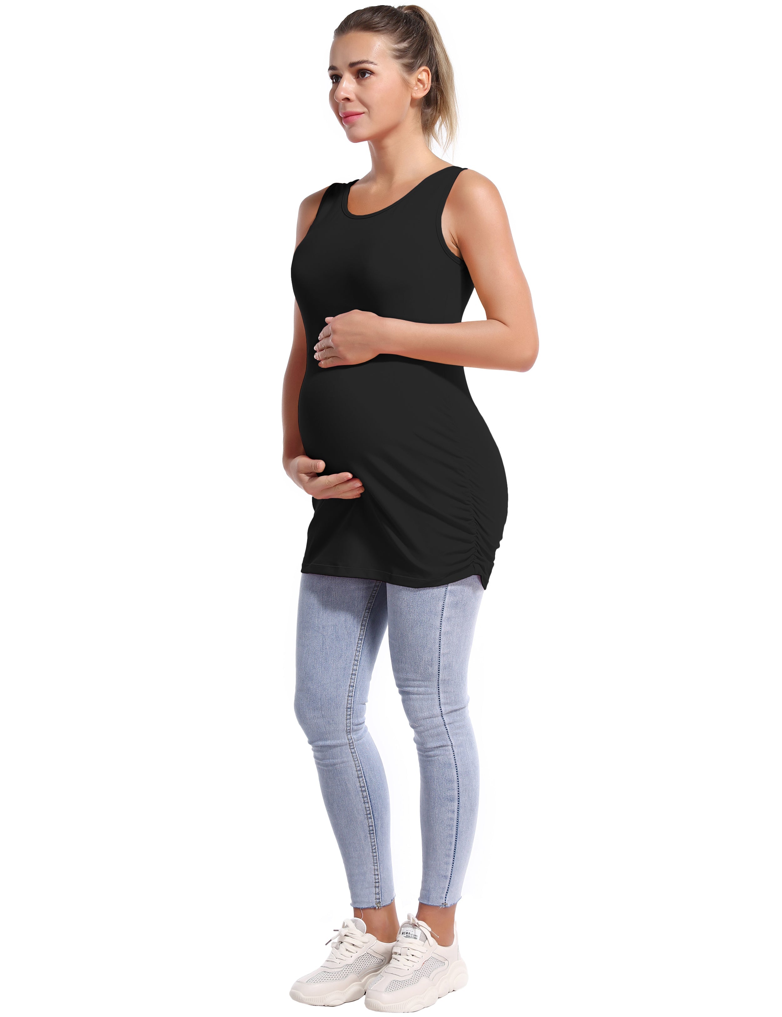 Maternity Side Shirred Tank Top black 92%Nylon/8%Spandex(Cotton Soft) Designed for Maternity So buttery soft, it feels weightless Sweat-wicking Four-way stretch Breathable Contours your body