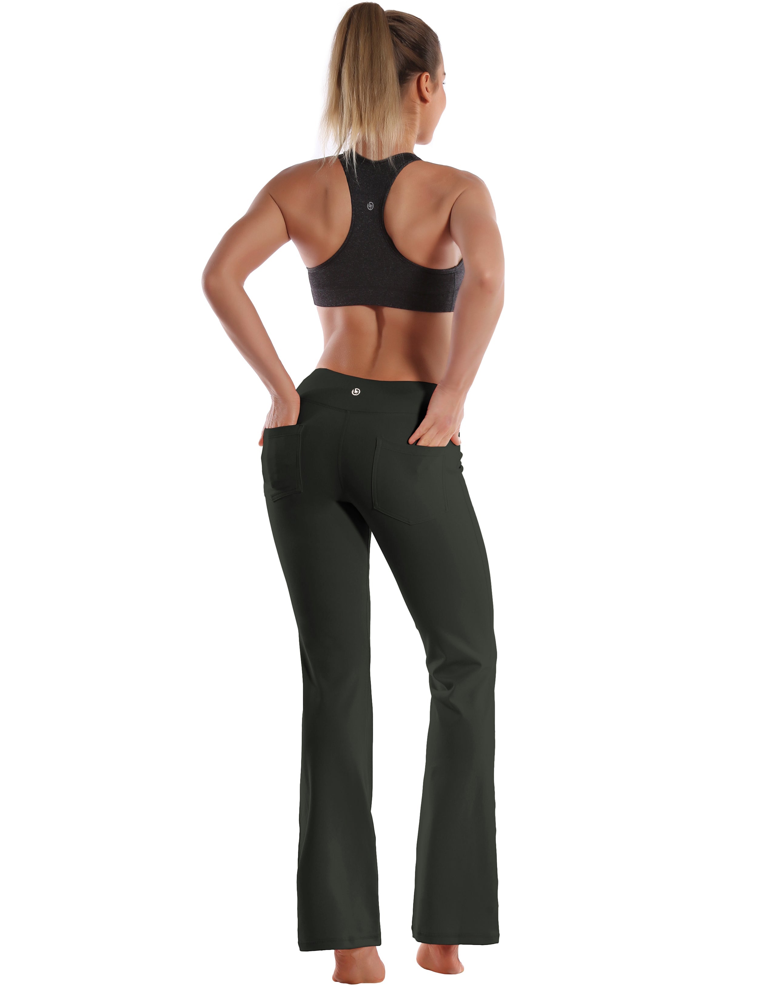 Back Pockets Bootcut Leggings olivegray 87%Nylon/13%Spandex Fabric doesn't attract lint easily 4-way stretch No see-through Moisture-wicking Inner pocket Four lengths