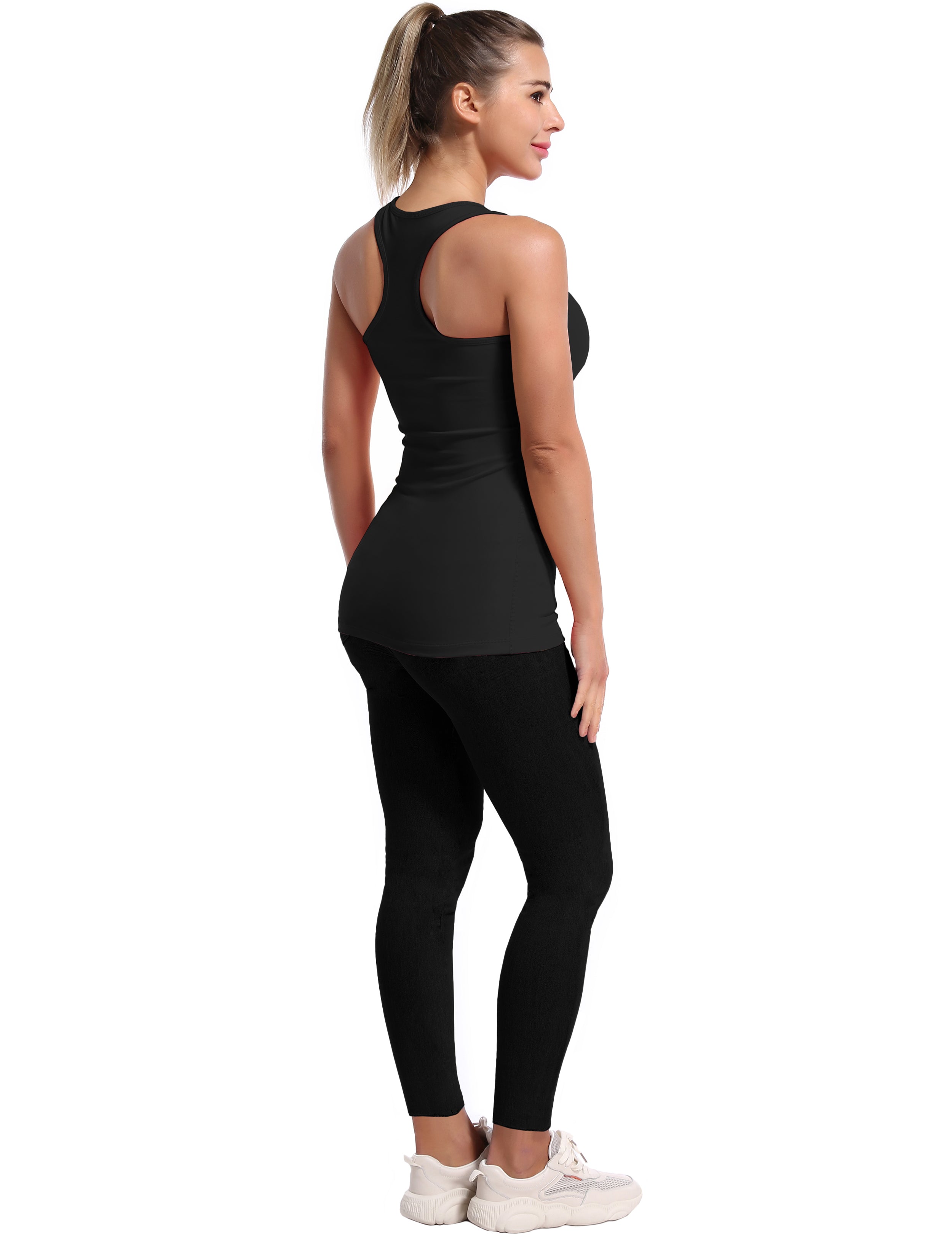 Racerback Athletic Tank Tops black 92%Nylon/8%Spandex(Cotton Soft) Designed for Golf Tight Fit So buttery soft, it feels weightless Sweat-wicking Four-way stretch Breathable Contours your body Sits below the waistband for moderate, everyday coverage