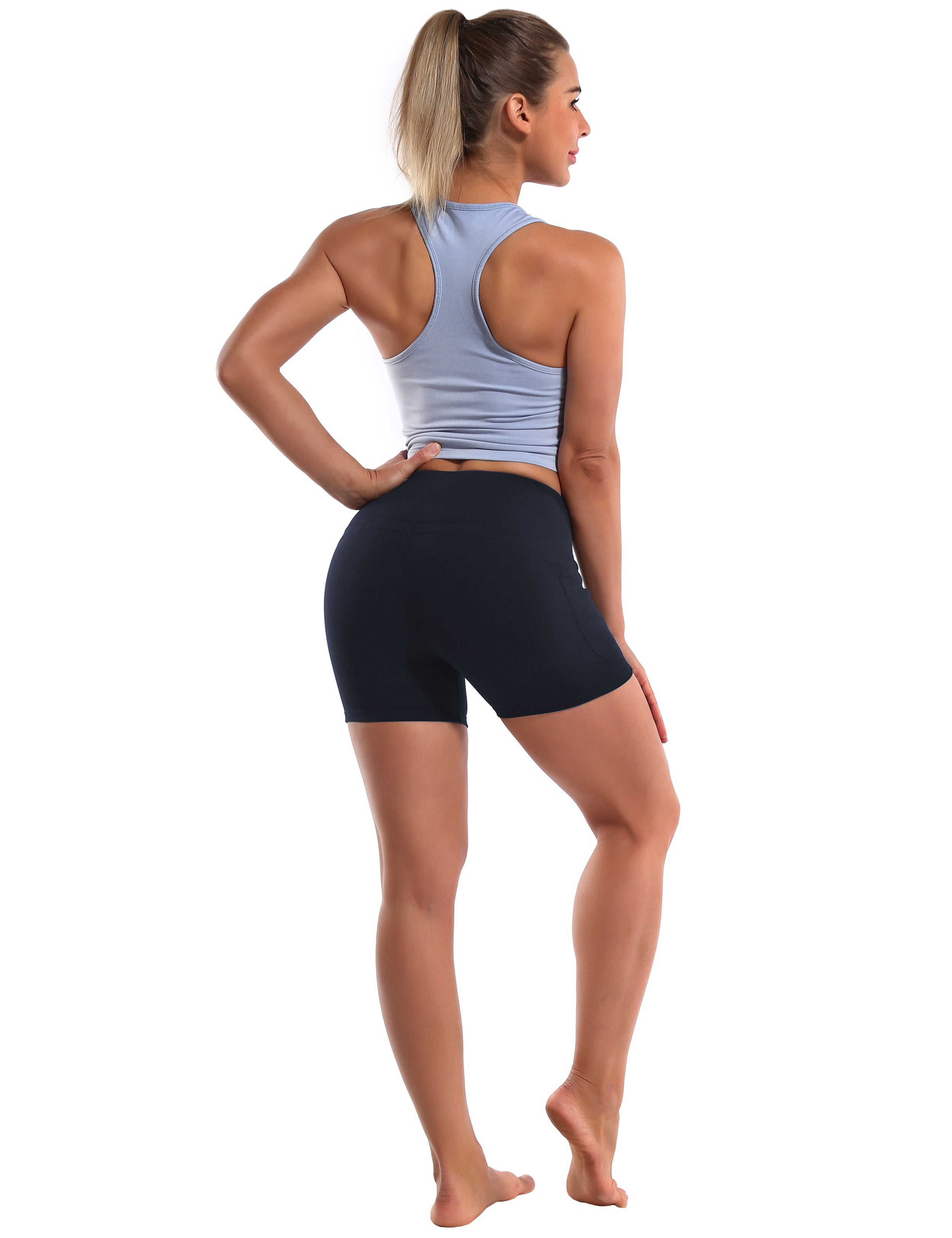 High Waist Side Pockets Golf Shorts darkblue Softest-ever fabric High elasticity 4-way stretch Fabric doesn't attract lint easily No see-through Moisture-wicking Machine wash 88% Nylon, 12% Spandex