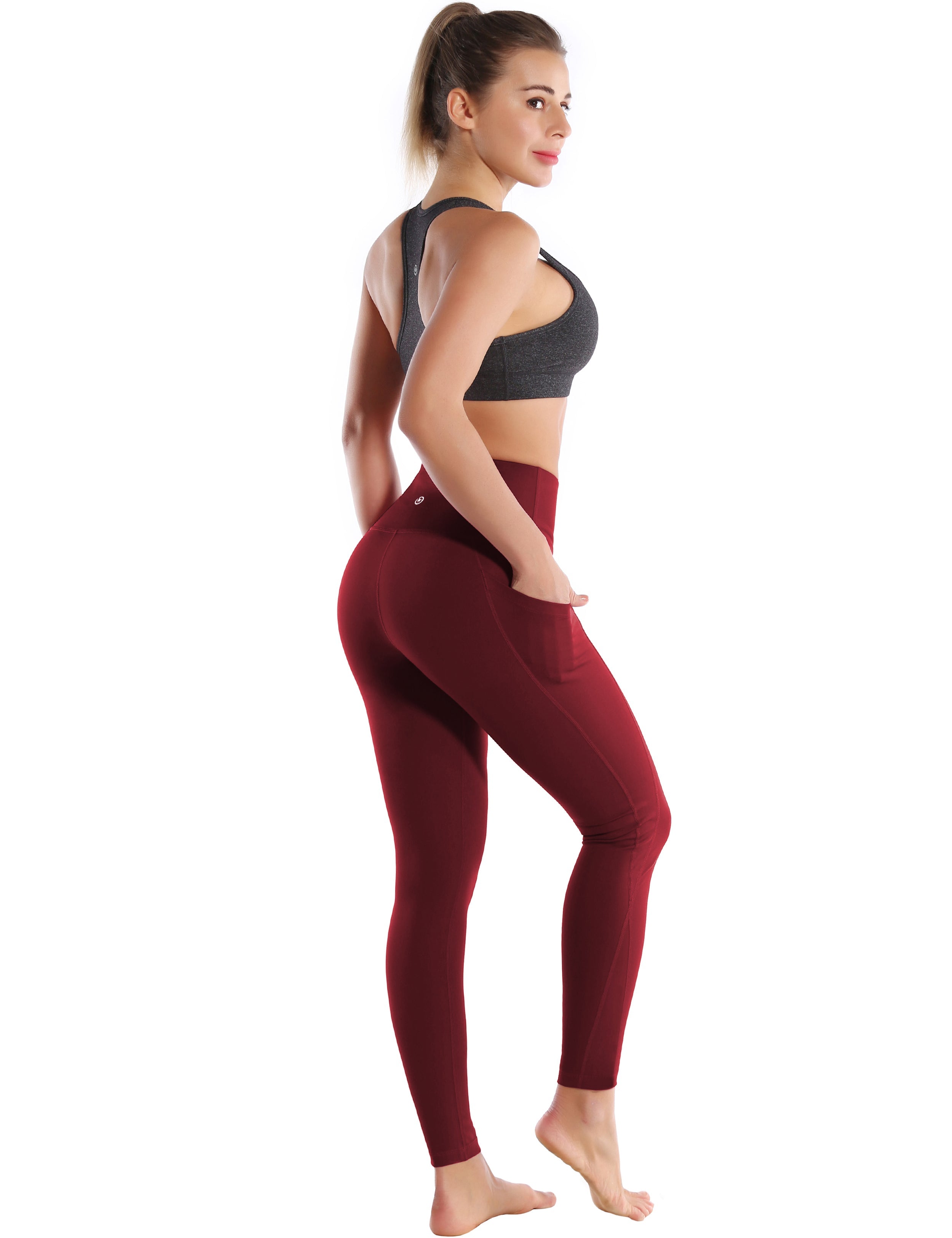 High Waist Side Pockets Biking Pants cherryred 75% Nylon, 25% Spandex Fabric doesn't attract lint easily 4-way stretch No see-through Moisture-wicking Tummy control Inner pocket