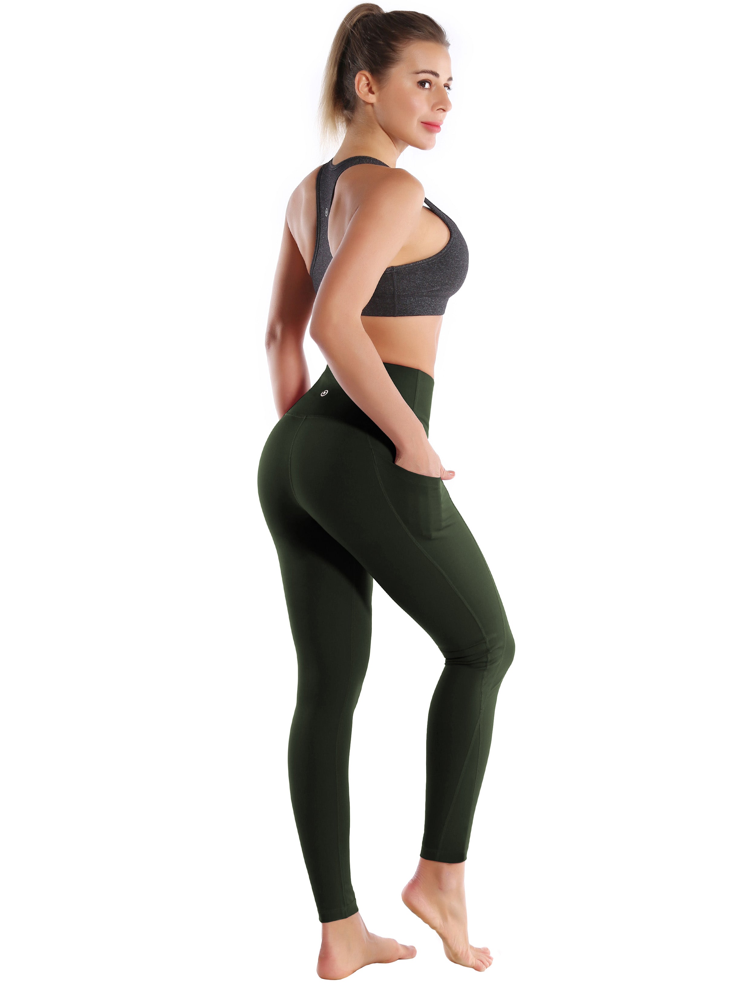 High Waist Side Pockets Pilates Pants olivegray 75% Nylon, 25% Spandex Fabric doesn't attract lint easily 4-way stretch No see-through Moisture-wicking Tummy control Inner pocket