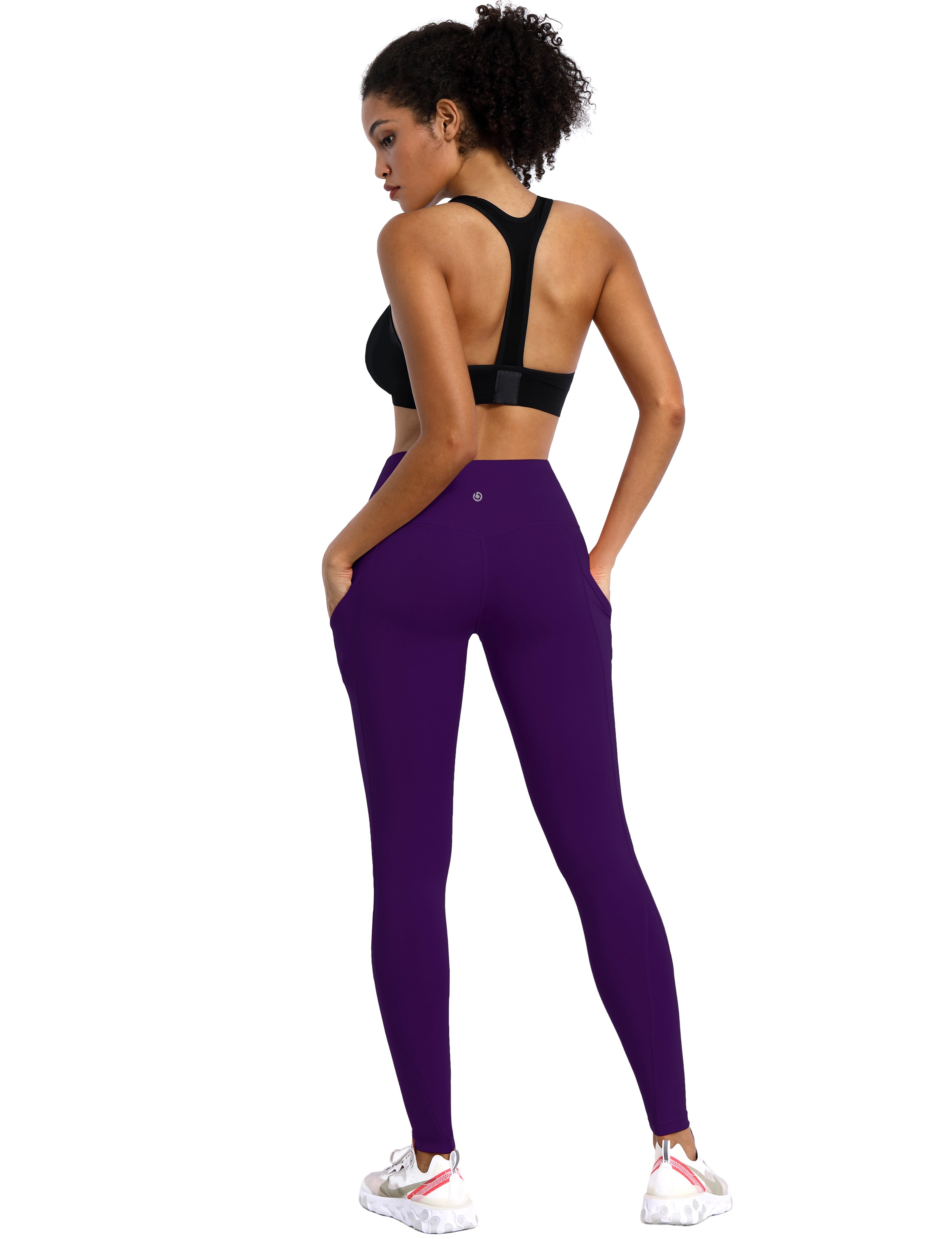 High Waist Side Pockets Gym Pants pansypurple 75% Nylon, 25% Spandex Fabric doesn't attract lint easily 4-way stretch No see-through Moisture-wicking Tummy control Inner pocket