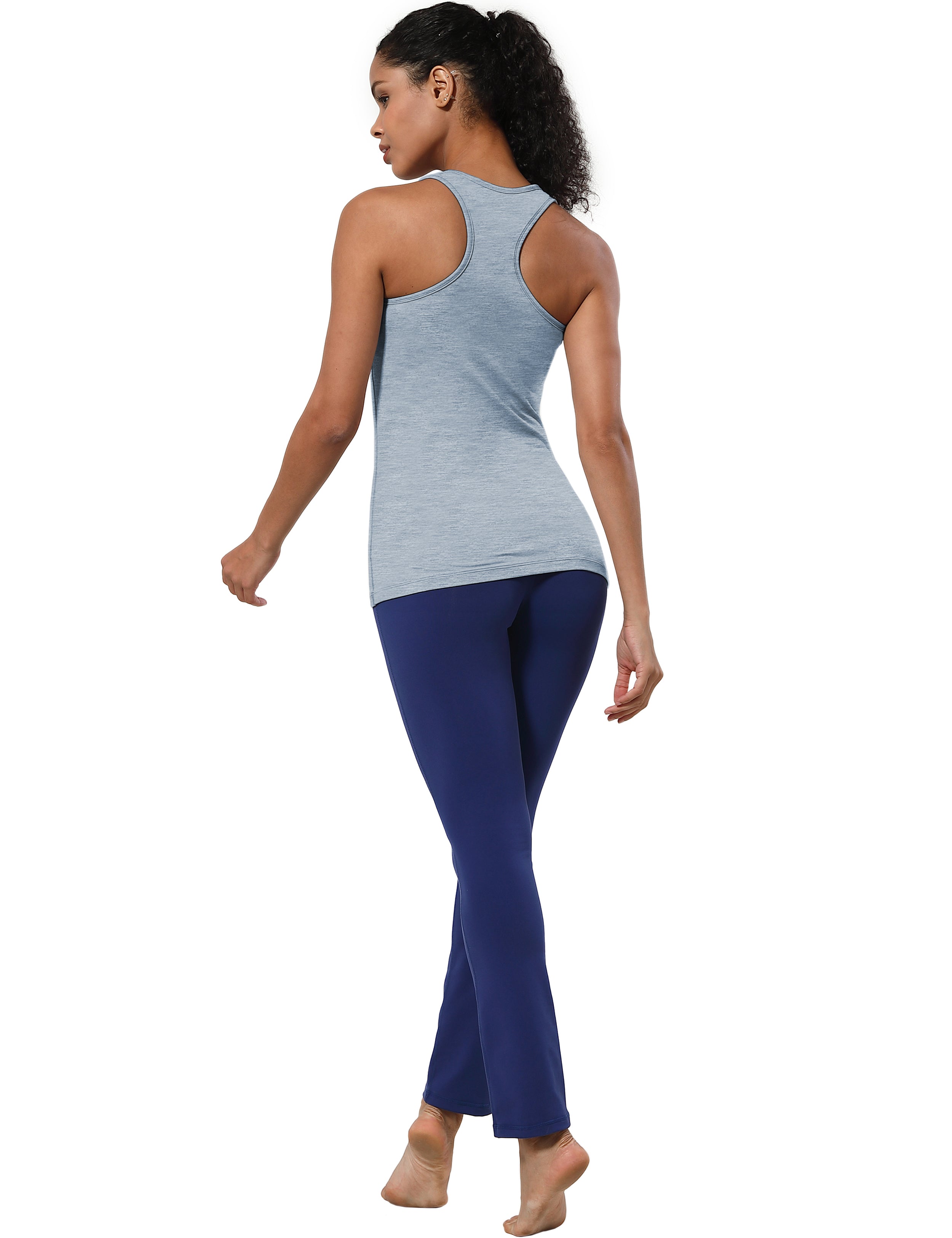 Racerback Athletic Tank Tops heatherblue 92%Nylon/8%Spandex(Cotton Soft) Designed for Yoga Tight Fit So buttery soft, it feels weightless Sweat-wicking Four-way stretch Breathable Contours your body Sits below the waistband for moderate, everyday coverage