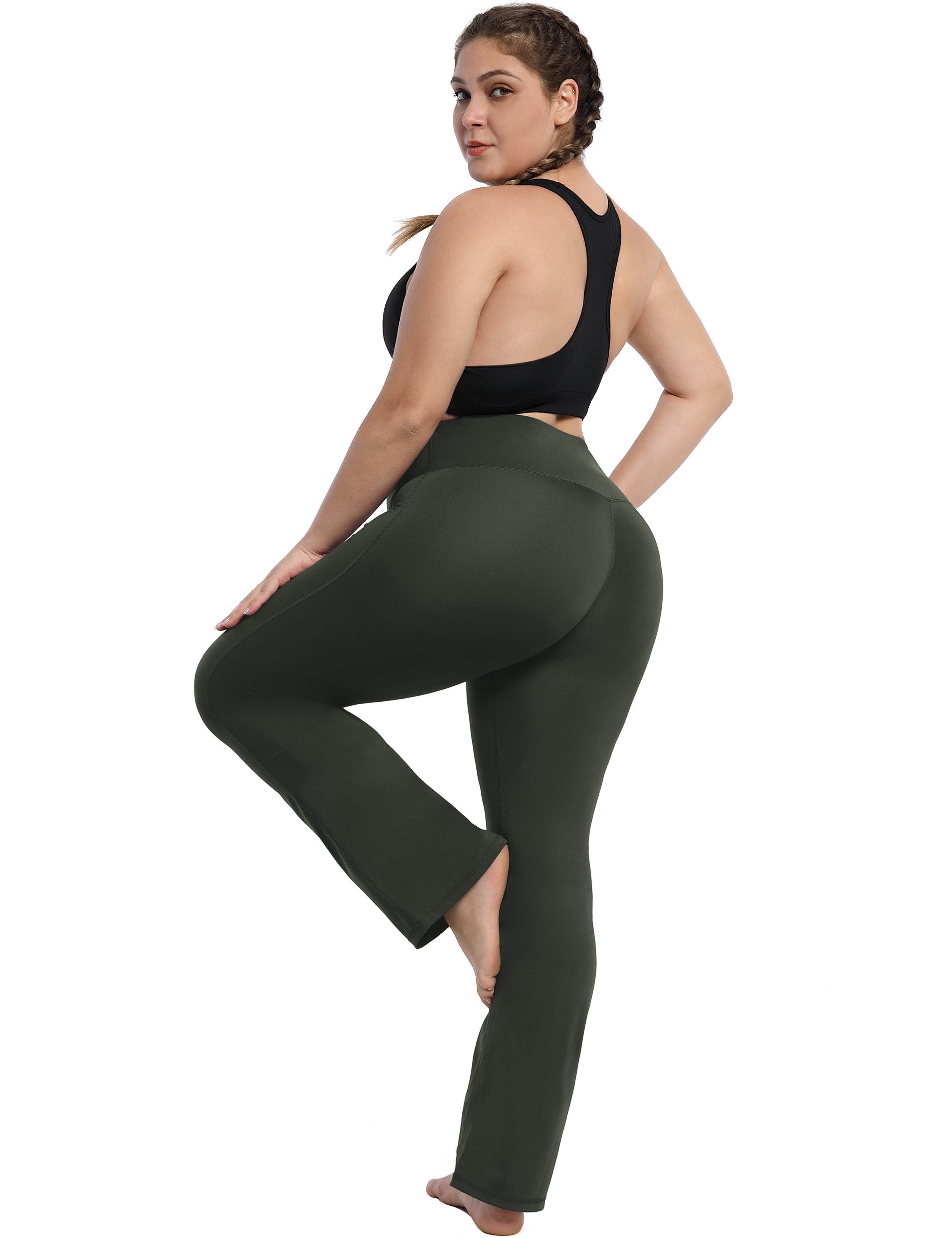 High Waist Bootcut Leggings Olivegray 75%Nylon/25%Spandex Fabric doesn't attract lint easily 4-way stretch No see-through Moisture-wicking Tummy control Inner pocket Five lengths