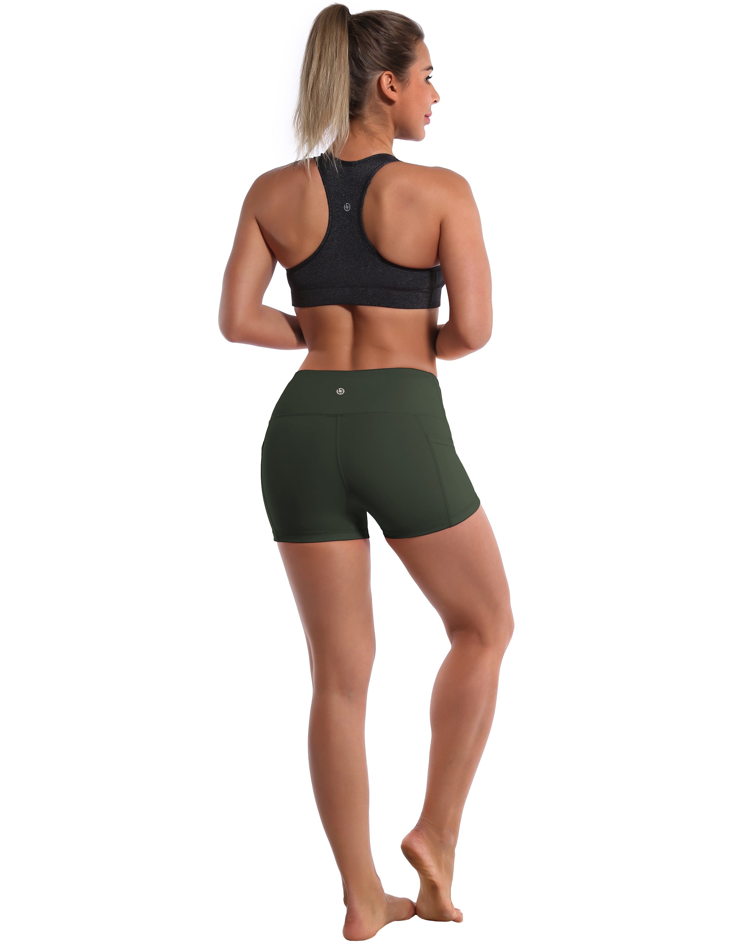 2.5" Side Pockets Yoga Shorts olivegray Sleek, soft, smooth and totally comfortable: our newest sexy style is here. Softest-ever fabric High elasticity High density 4-way stretch Fabric doesn't attract lint easily No see-through Moisture-wicking Machine wash 78% Polyester, 22% Spandex
