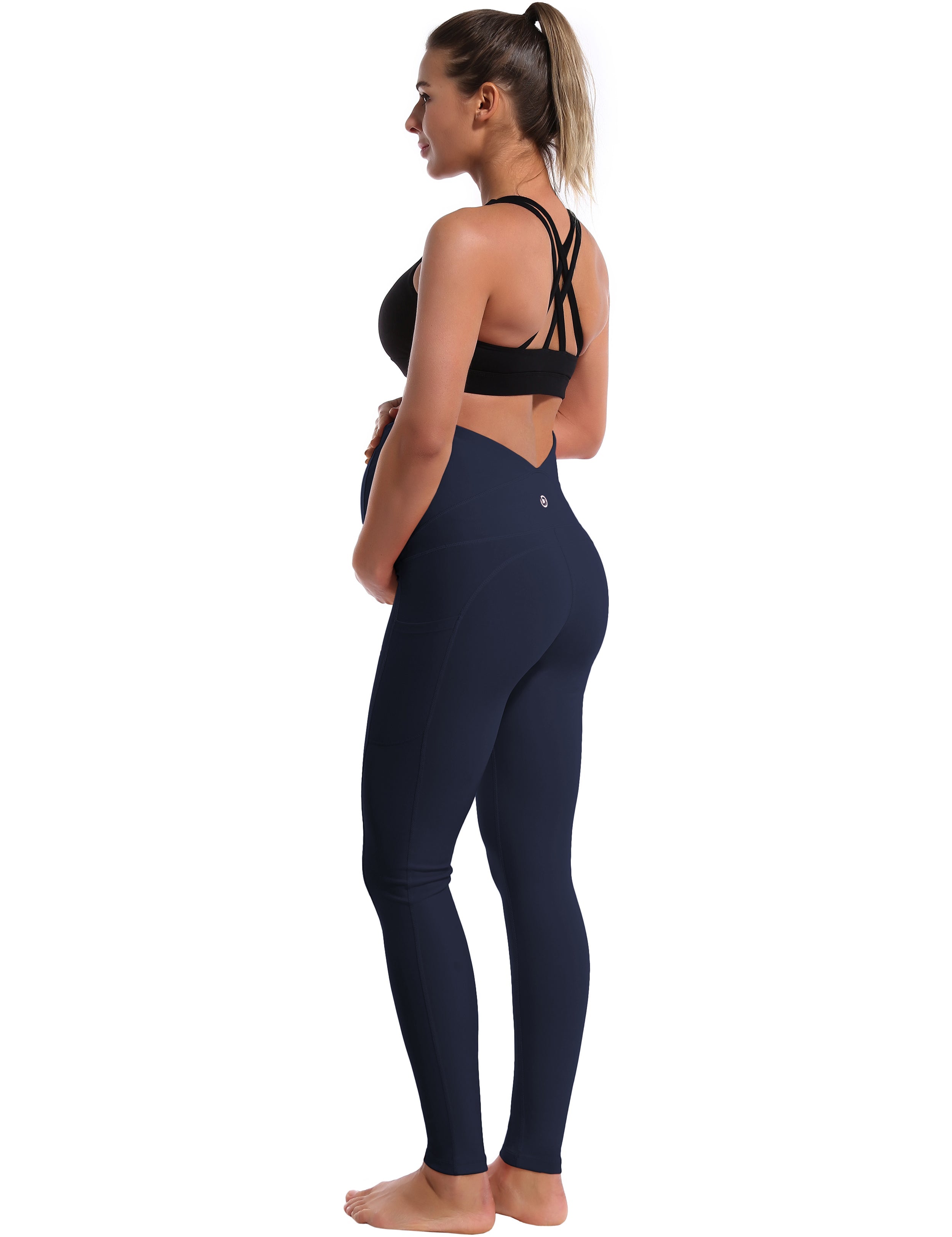 26" Side Pockets Maternity Yoga Pants darknavy 87%Nylon/13%Spandex Softest-ever fabric High elasticity 4-way stretch Fabric doesn't attract lint easily No see-through Moisture-wicking Machine wash