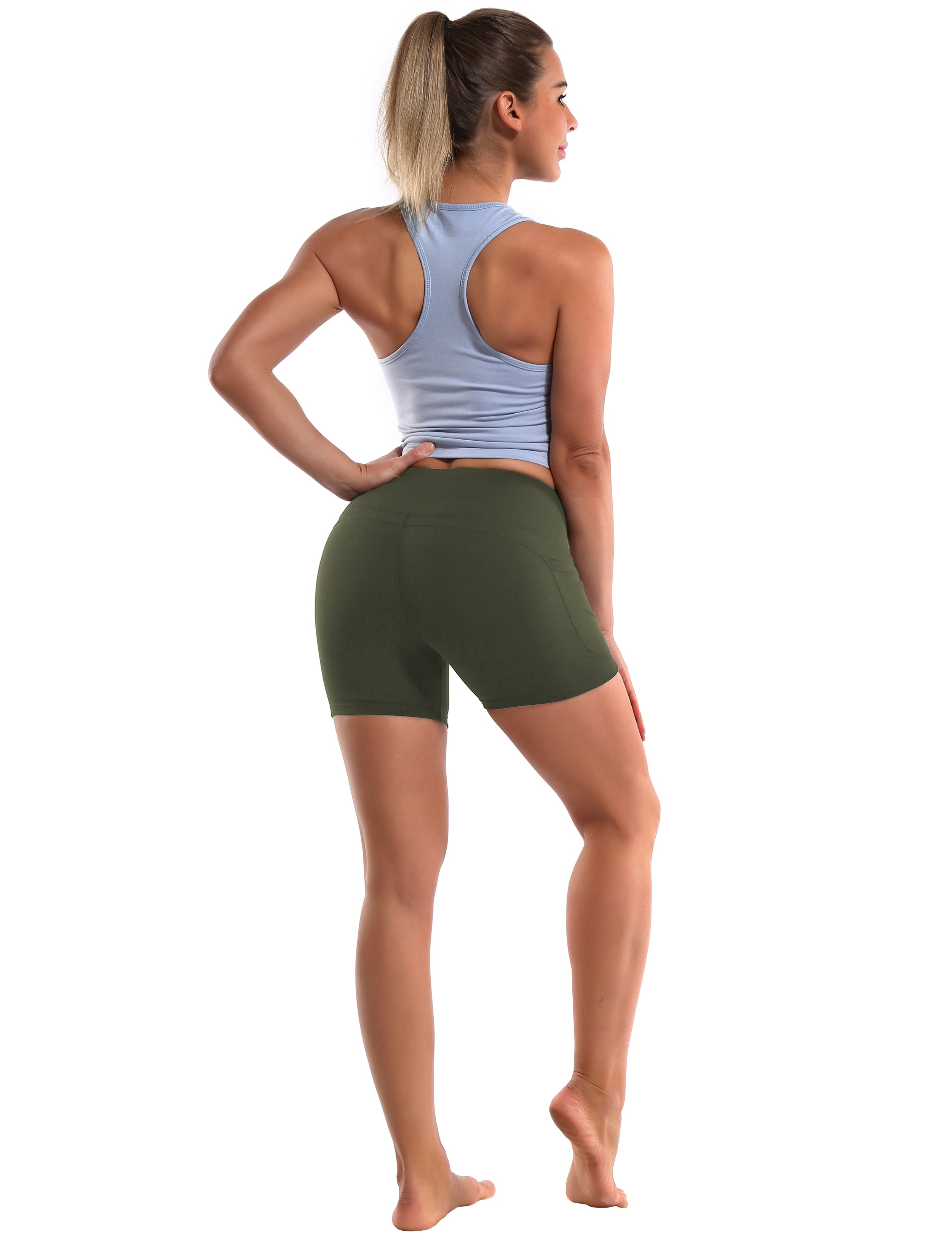 High Waist Side Pockets Biking Shorts green Softest-ever fabric High elasticity 4-way stretch Fabric doesn't attract lint easily No see-through Moisture-wicking Machine wash 88% Nylon, 12% Spandex