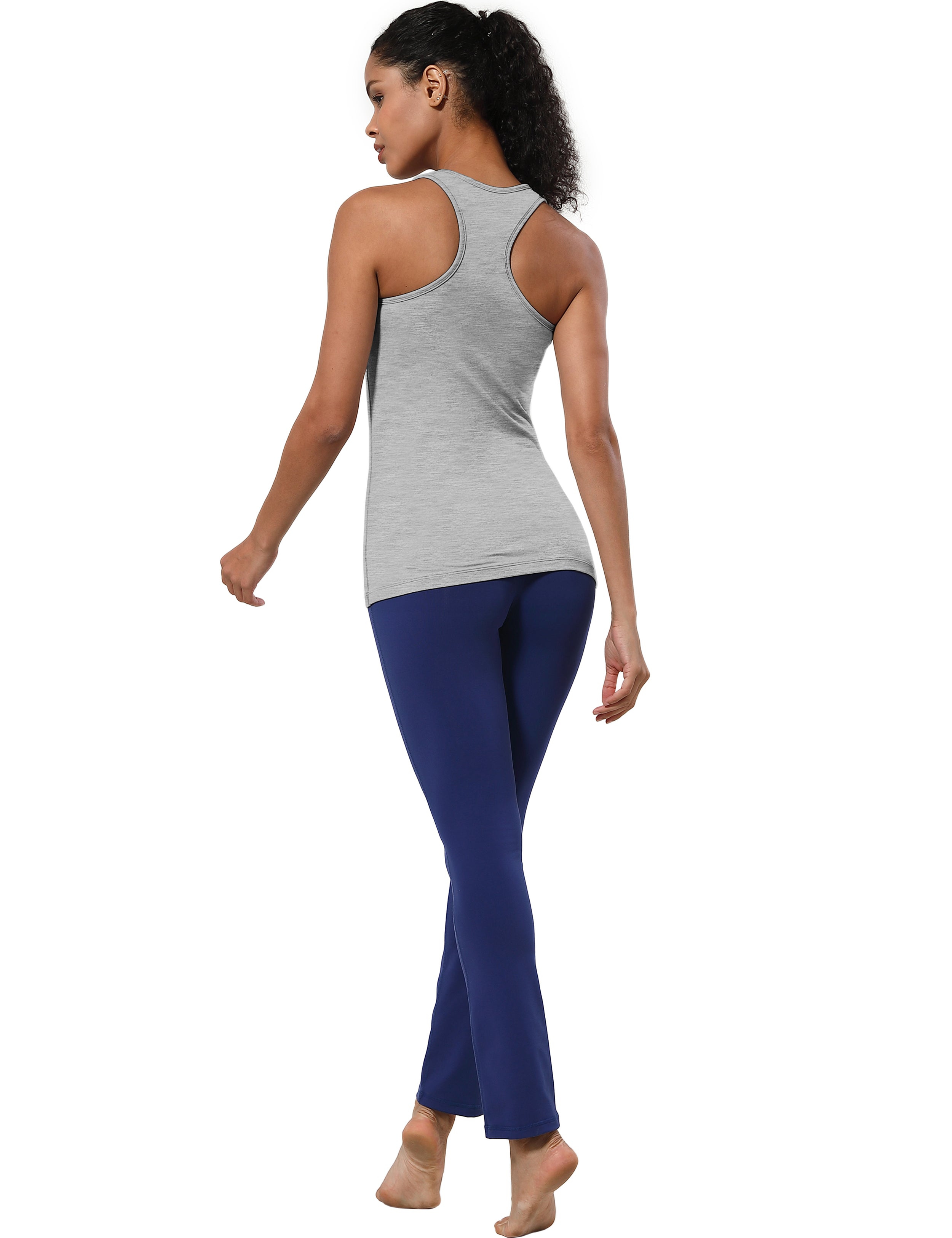 Racerback Athletic Tank Tops heathergray 92%Nylon/8%Spandex(Cotton Soft) Designed for Pilates Tight Fit So buttery soft, it feels weightless Sweat-wicking Four-way stretch Breathable Contours your body Sits below the waistband for moderate, everyday coverage