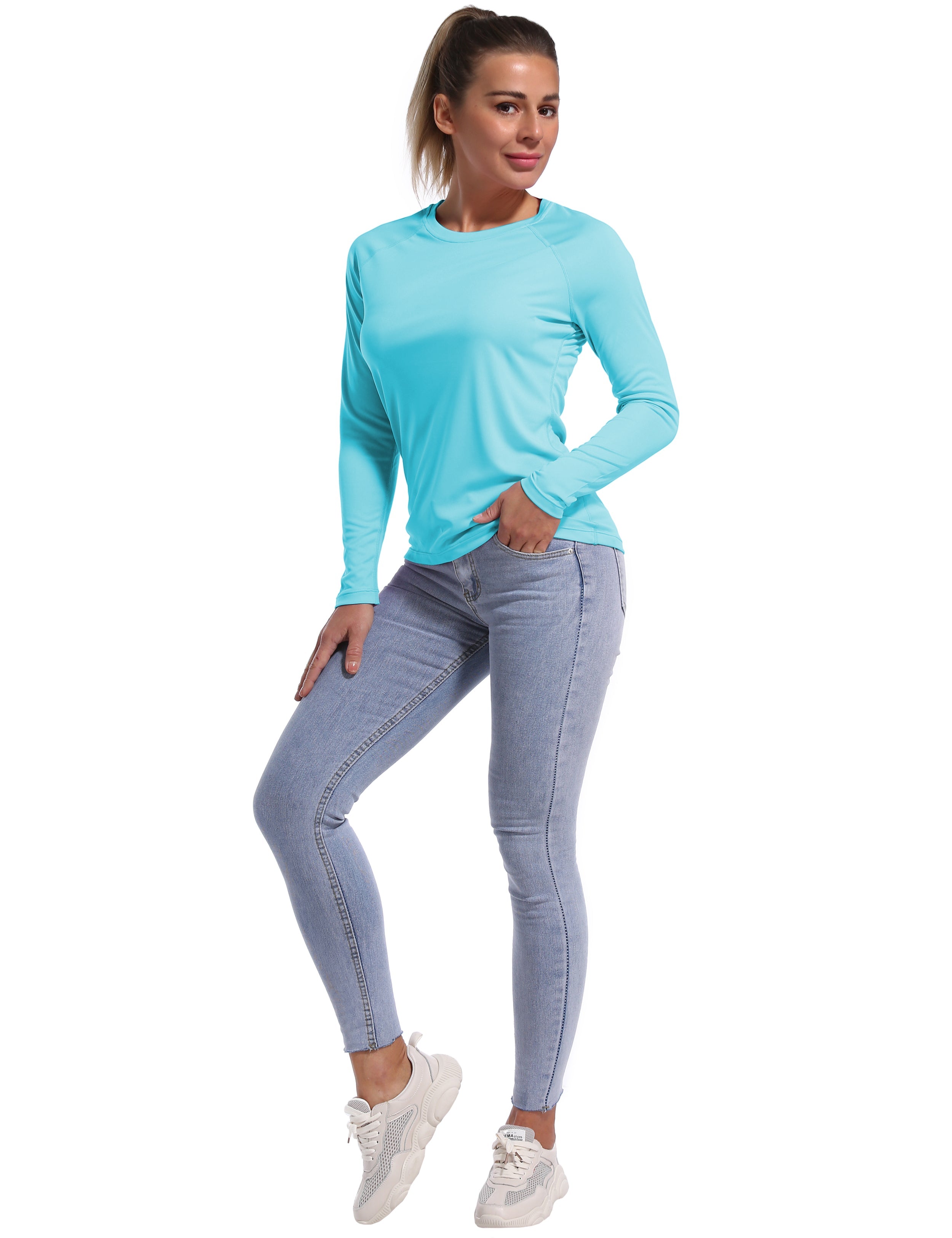 Long Sleeve Athletic Shirts blue 100% polyester Lightweight Slim Fit UPF 50+ blocks sun's harmful rays Treated to wick moisture, dries ultra-fast