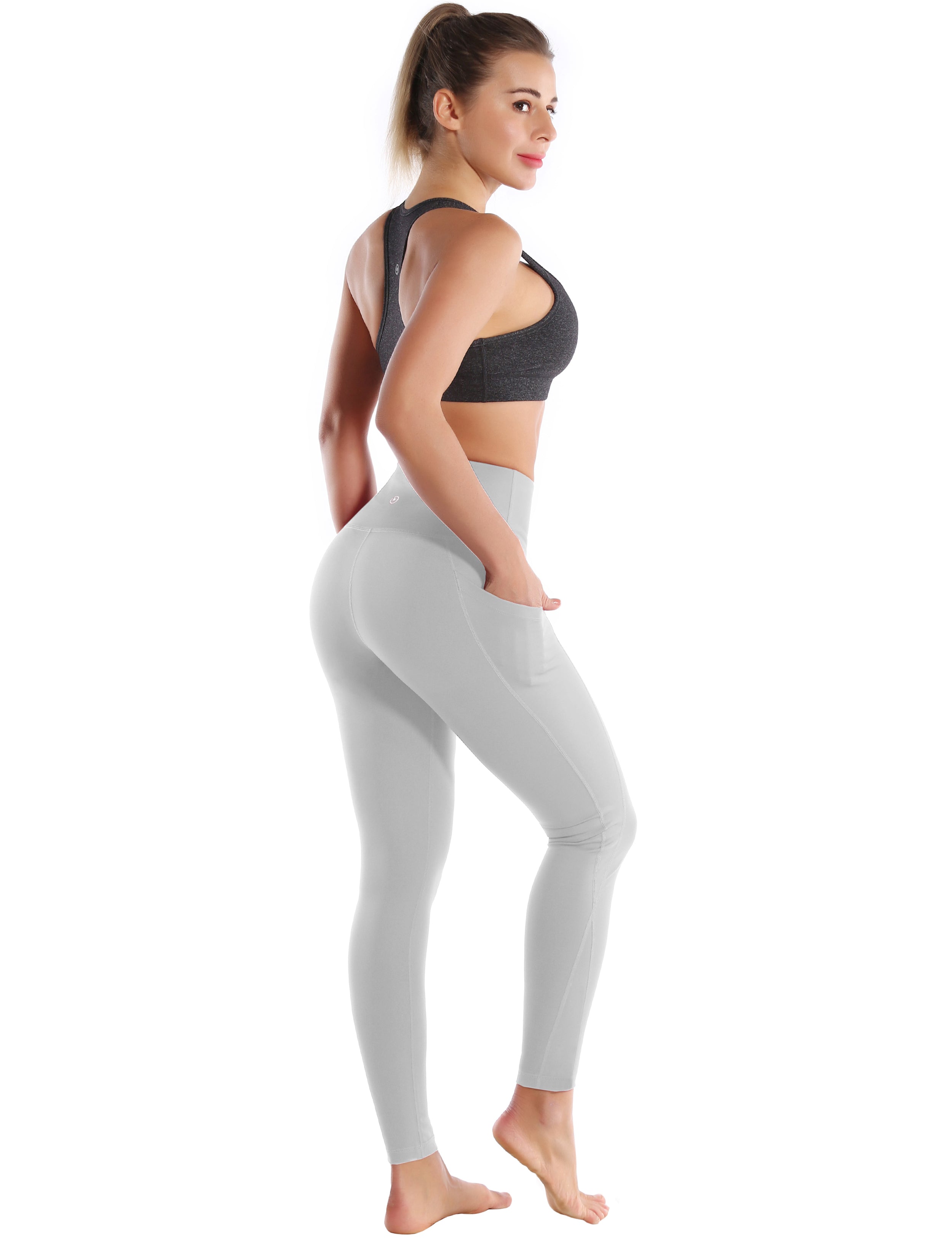 High Waist Side Pockets Running Pants lightgray 75% Nylon, 25% Spandex Fabric doesn't attract lint easily 4-way stretch No see-through Moisture-wicking Tummy control Inner pocket