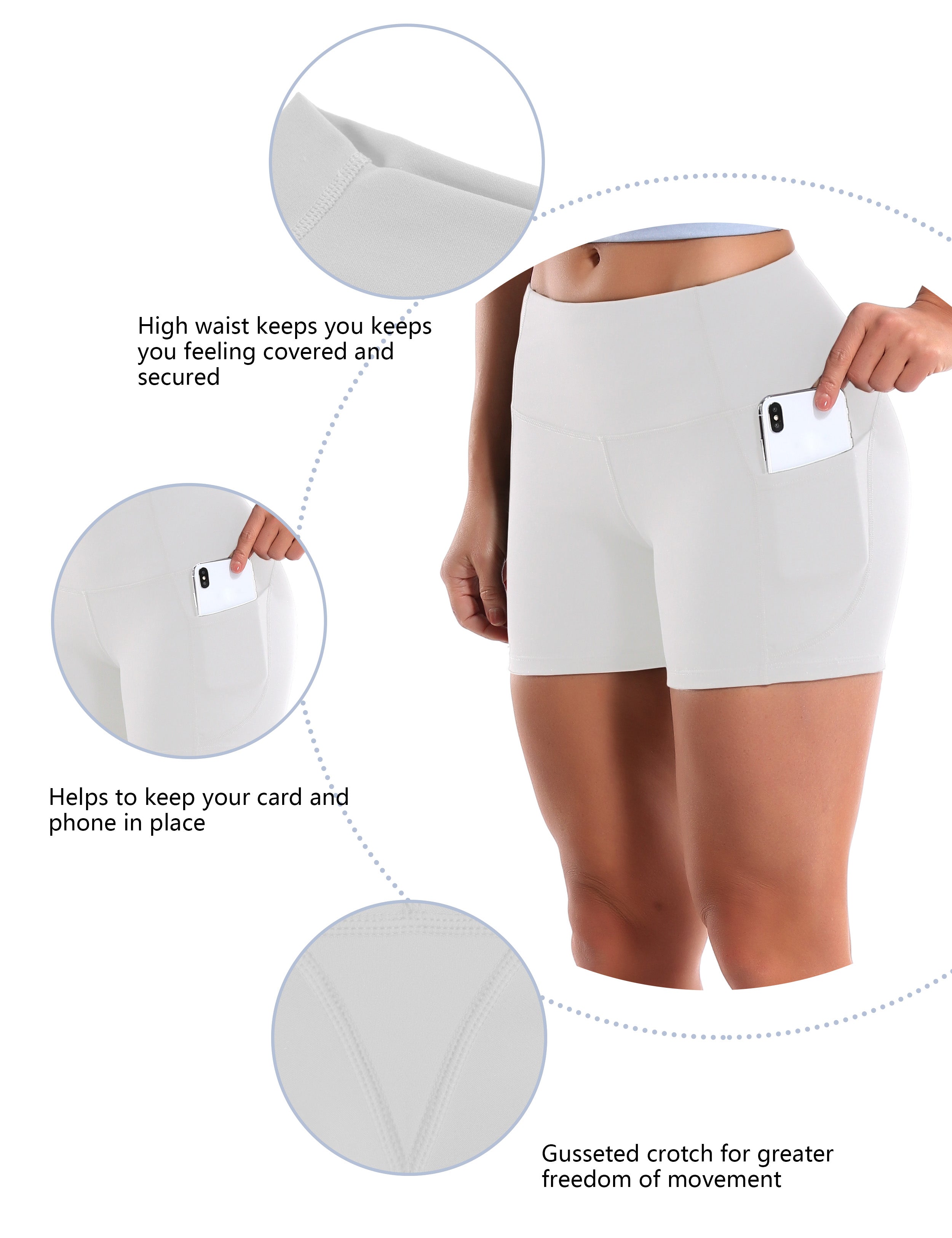 High Waist Side Pockets Yoga Shorts white Softest-ever fabric High elasticity 4-way stretch Fabric doesn't attract lint easily No see-through Moisture-wicking Machine wash 88% Nylon, 12% Spandex