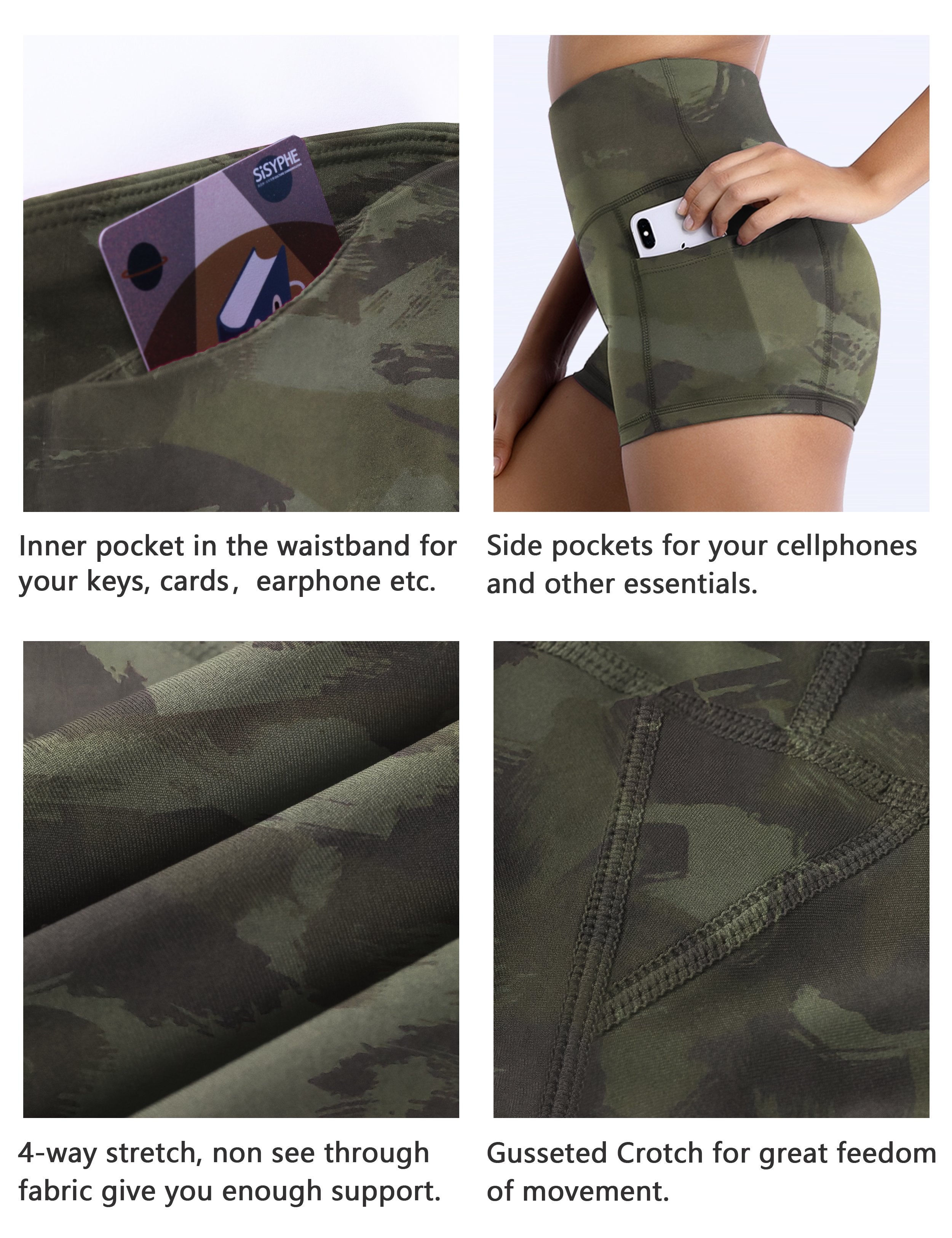 2.5" Printed Side Pockets Yoga Shorts green brushcamo Sleek, soft, smooth and totally comfortable: our newest sexy style is here. Softest-ever fabric High elasticity High density 4-way stretch Fabric doesn't attract lint easily No see-through Moisture-wicking Machine wash 78% Polyester, 22% Spandex