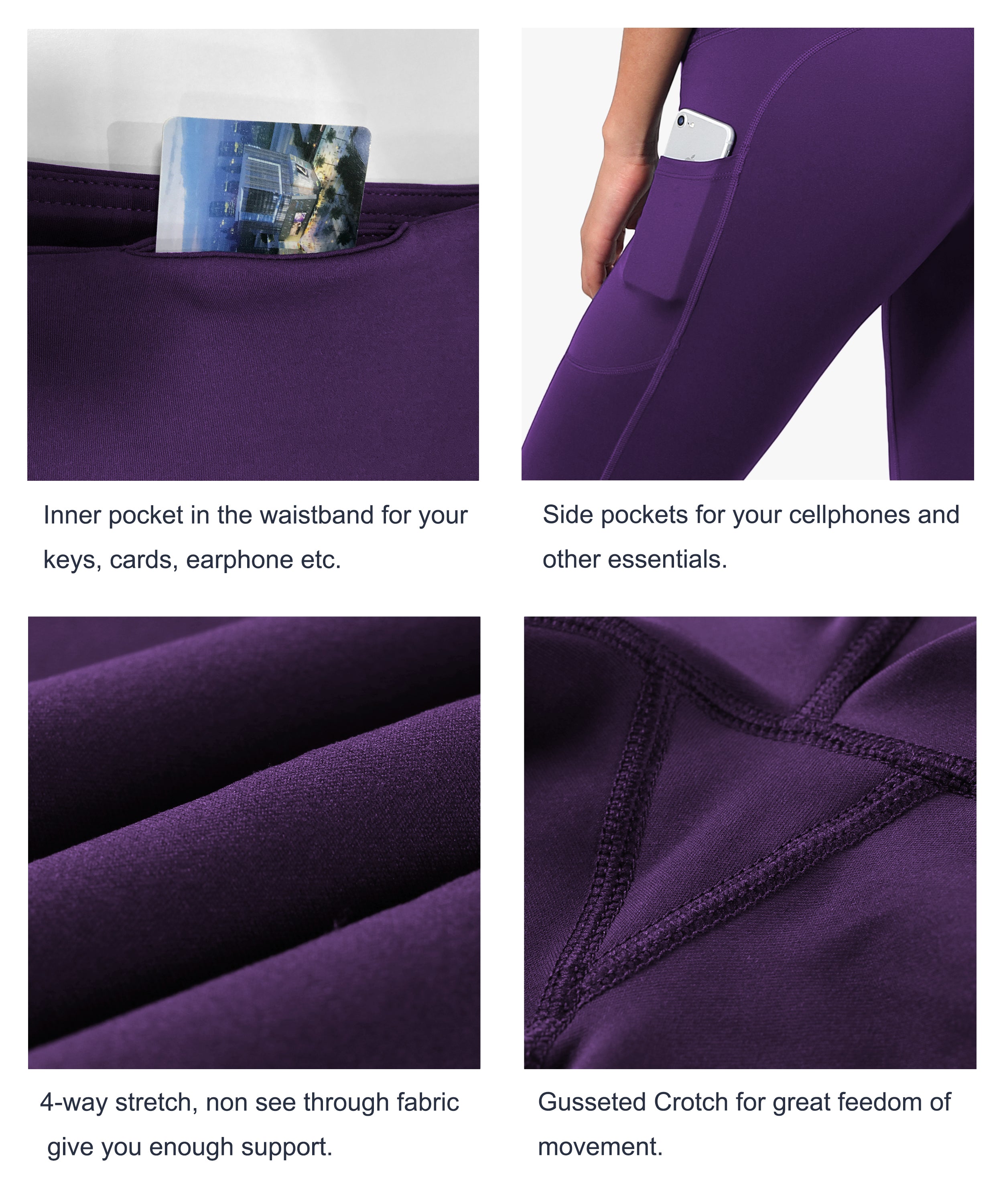 Hip Line Side Pockets Running Pants eggplantpurple Sexy Hip Line Side Pockets 75%Nylon/25%Spandex Fabric doesn't attract lint easily 4-way stretch No see-through Moisture-wicking Tummy control Inner pocket Two lengths