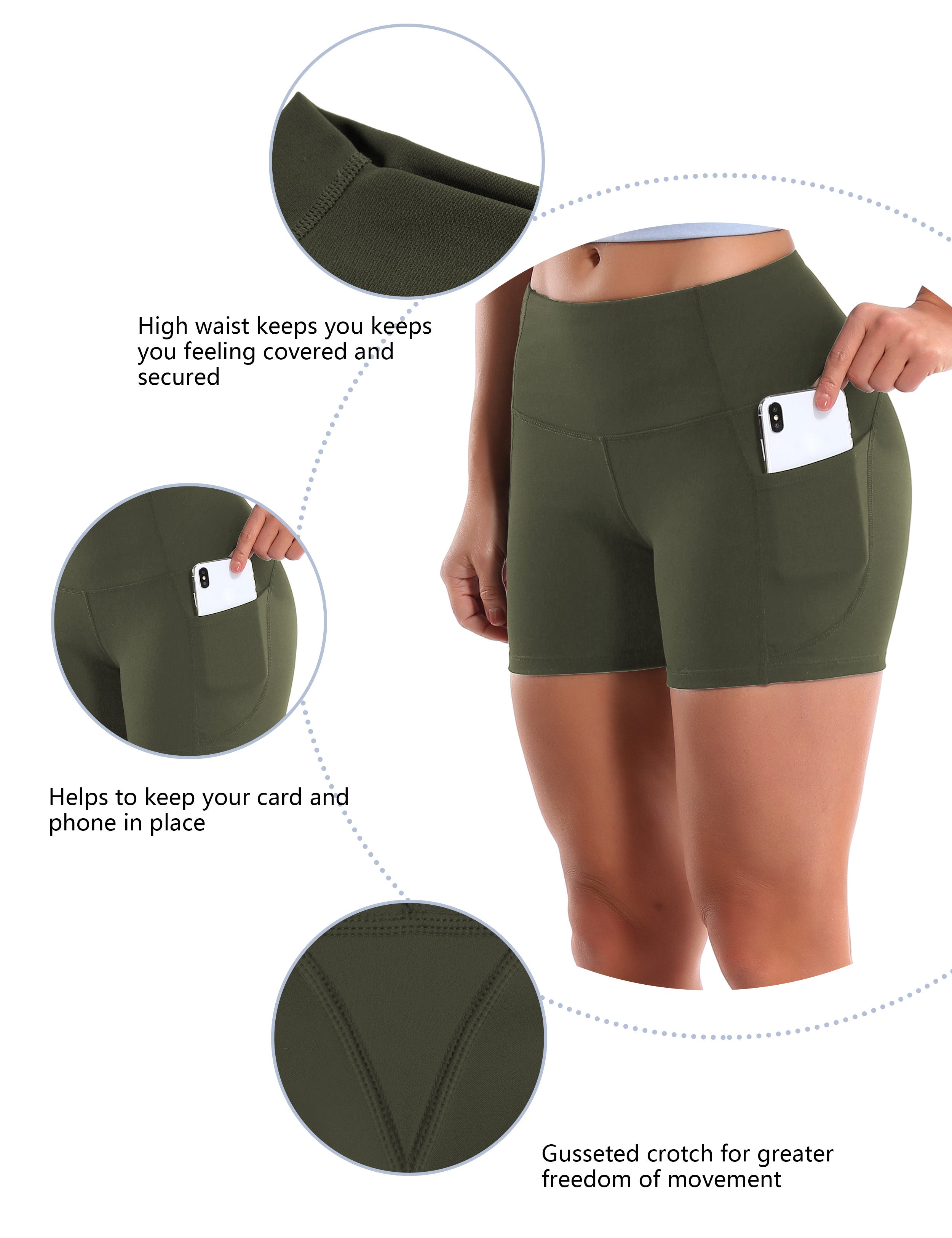 High Waist Side Pockets Pilates Shorts green Softest-ever fabric High elasticity 4-way stretch Fabric doesn't attract lint easily No see-through Moisture-wicking Machine wash 88% Nylon, 12% Spandex
