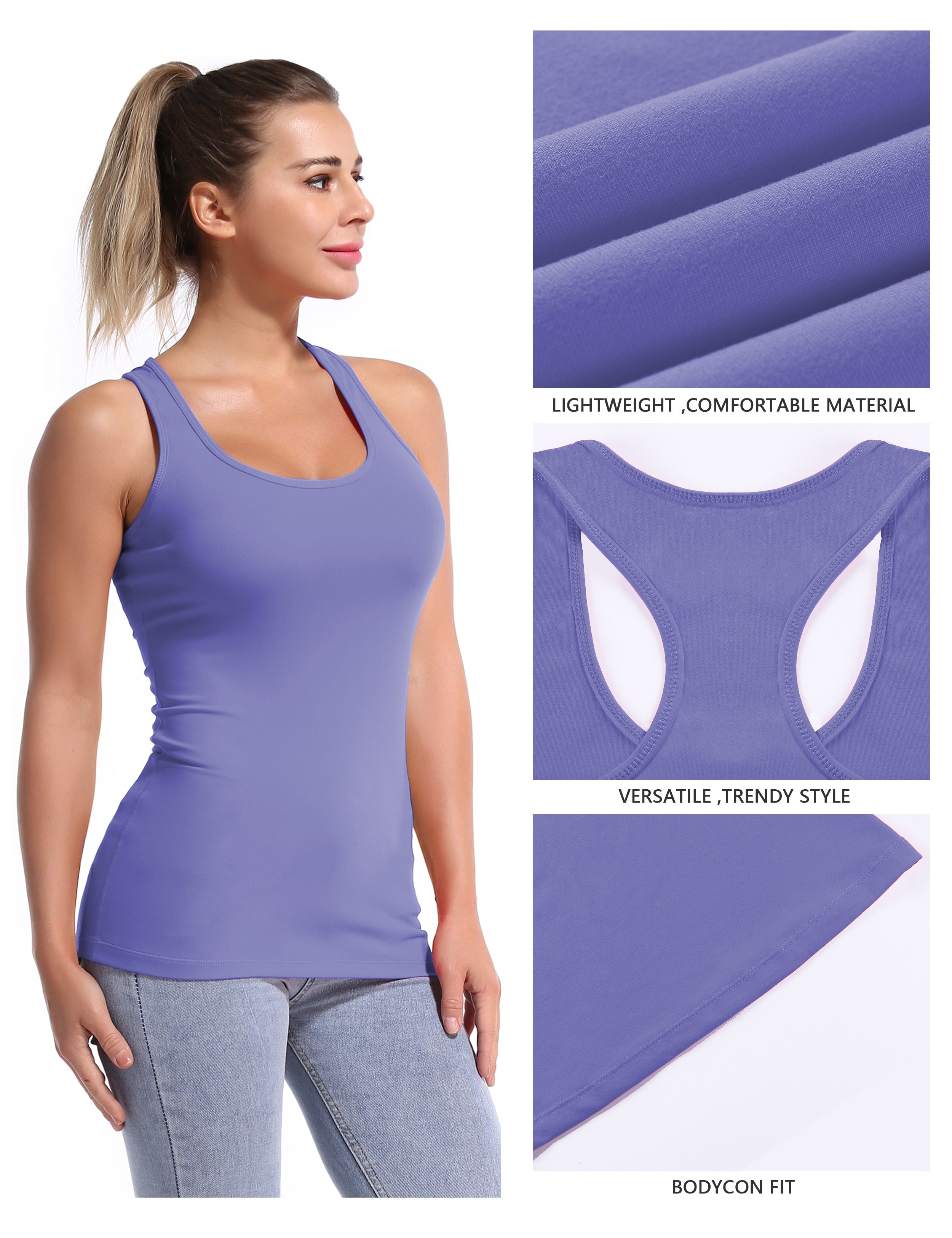 Racerback Athletic Tank Tops lavender 92%Nylon/8%Spandex(Cotton Soft) Designed for Jogging Tight Fit So buttery soft, it feels weightless Sweat-wicking Four-way stretch Breathable Contours your body Sits below the waistband for moderate, everyday coverage