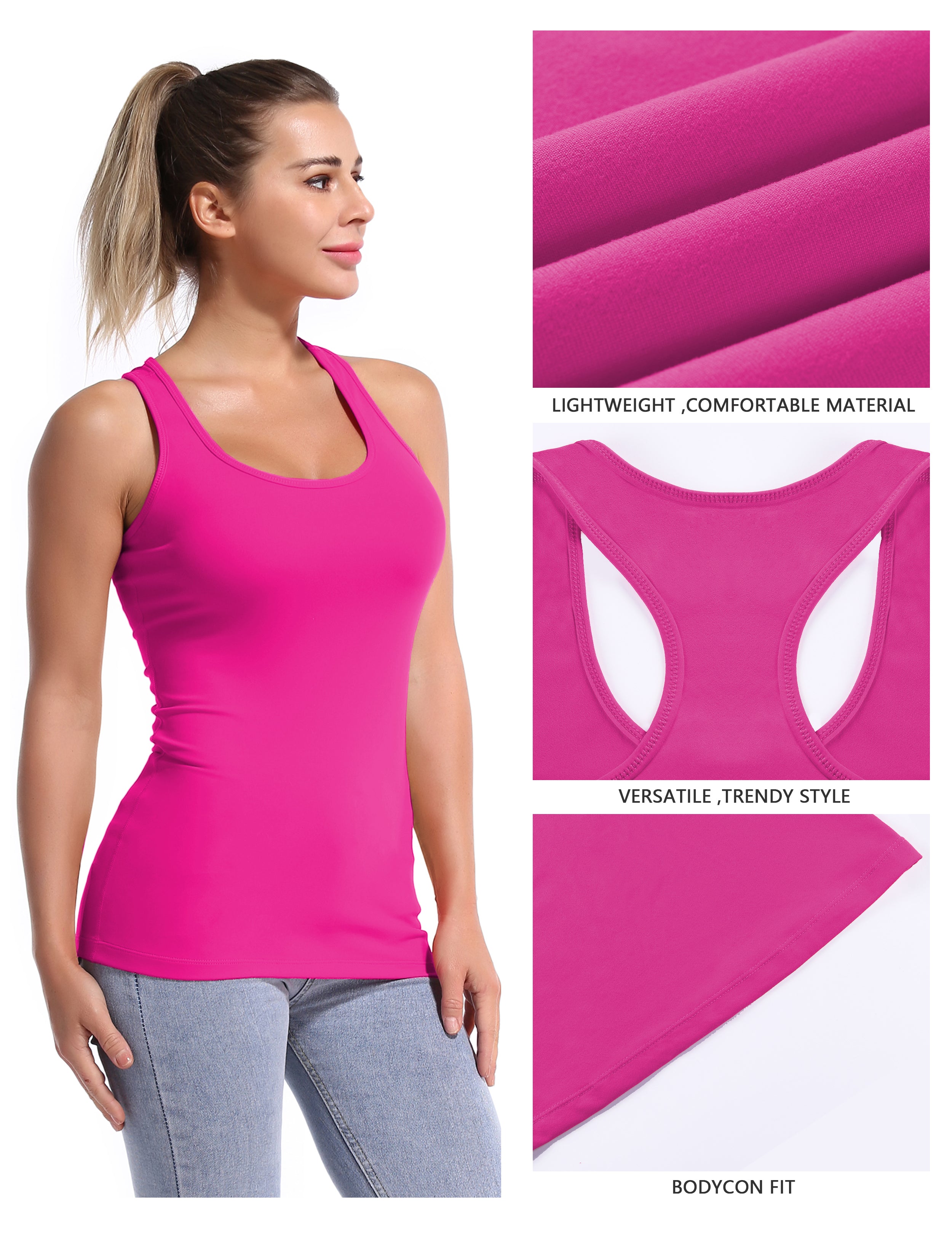 Racerback Athletic Tank Tops magenta 92%Nylon/8%Spandex(Cotton Soft) Designed for Jogging Tight Fit So buttery soft, it feels weightless Sweat-wicking Four-way stretch Breathable Contours your body Sits below the waistband for moderate, everyday coverage