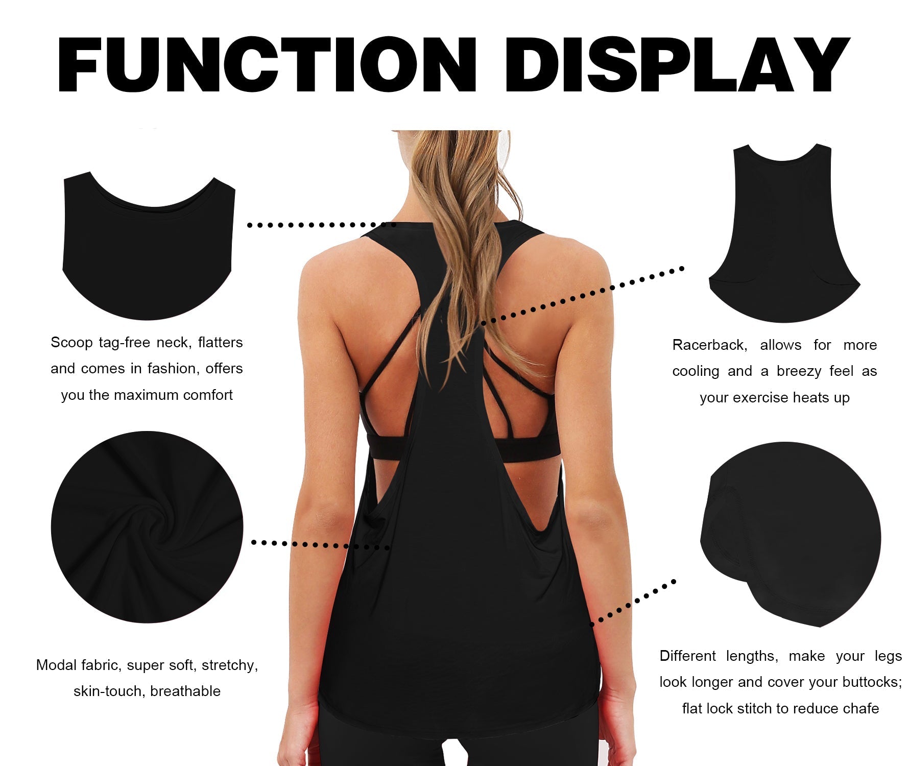Low Cut Loose Fit Tank Top black Designed for On the Move Loose fit 93%Modal/7%Spandex Four-way stretch Naturally breathable Super-Soft, Modal Fabric