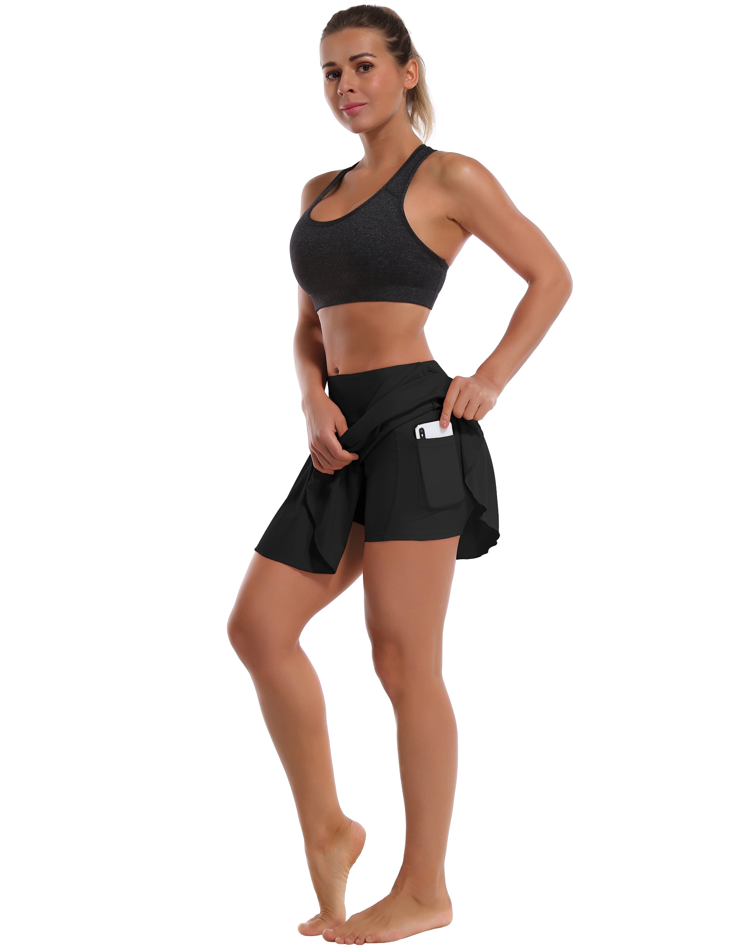 Athletic Tennis Golf Pleated Skort Awith Pocket Shorts black 80%Nylon/20%Spandex UPF 50+ sun protection Elastic closure Lightweight, Wrinkle Moisture wicking Quick drying Secure & comfortable two layer Hidden pocket