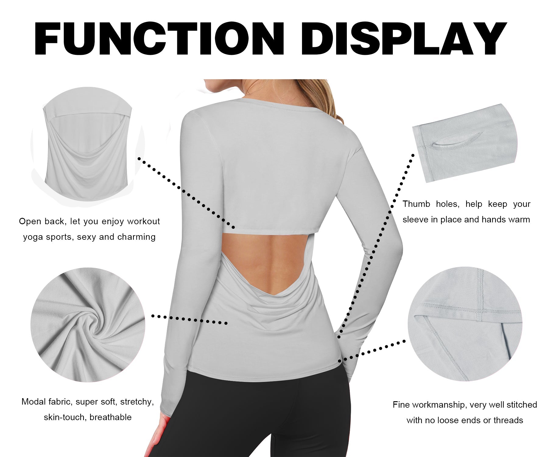 Open Back Long Sleeve Tops lightgray Designed for On the Move Slim fit 93%Modal/7%Spandex Four-way stretch Naturally breathable Super-Soft, Modal Fabric