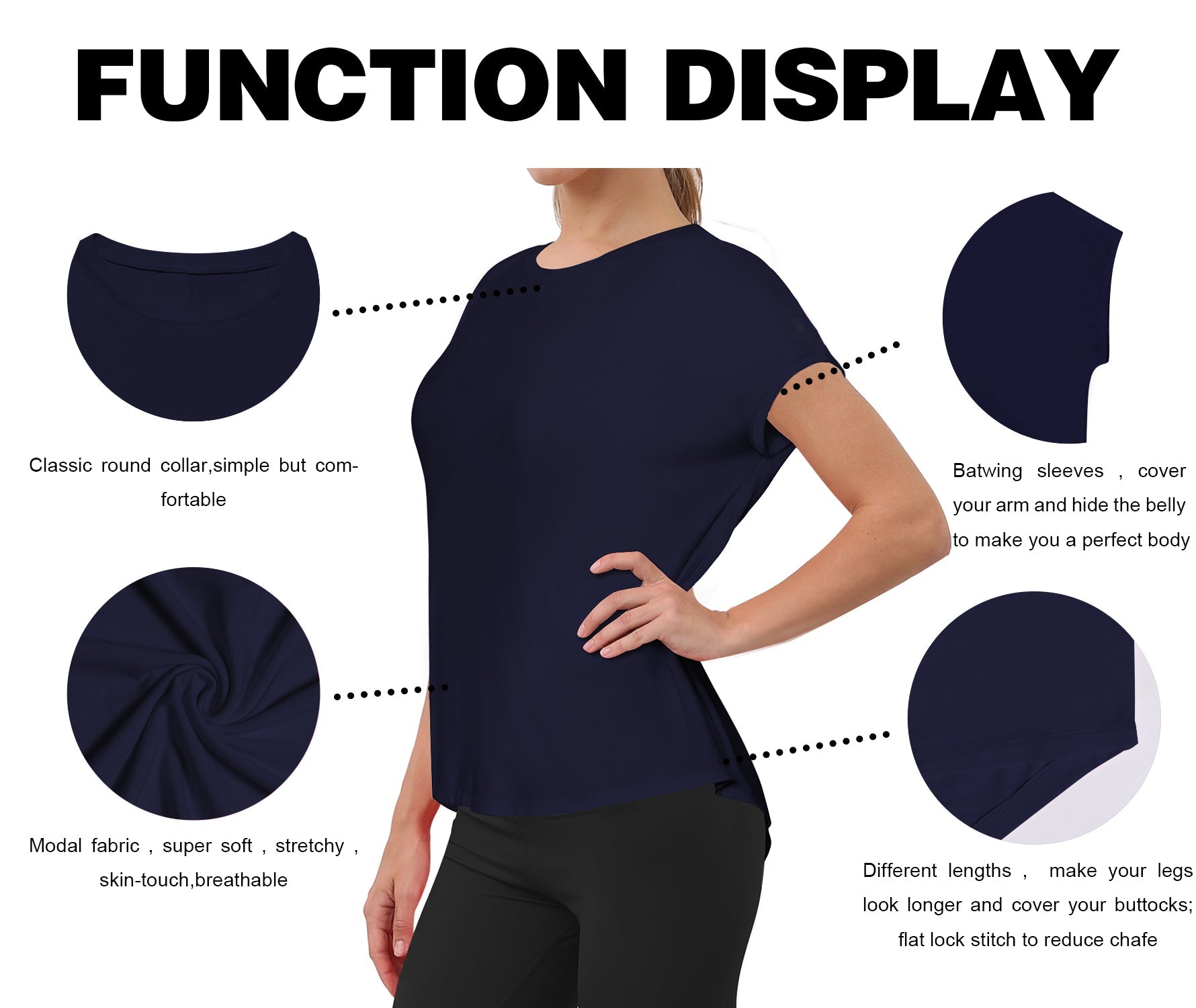 Hip Length Short Sleeve Shirt darknavy 93%Modal/7%Spandex Designed for Pilates Classic Fit, Hip Length An easy fit that floats away from your body Sits below the waistband for moderate, everyday coverage Lightweight, elastic, strong fabric for moisture absorption and perspiration, sports and fitness clothing.