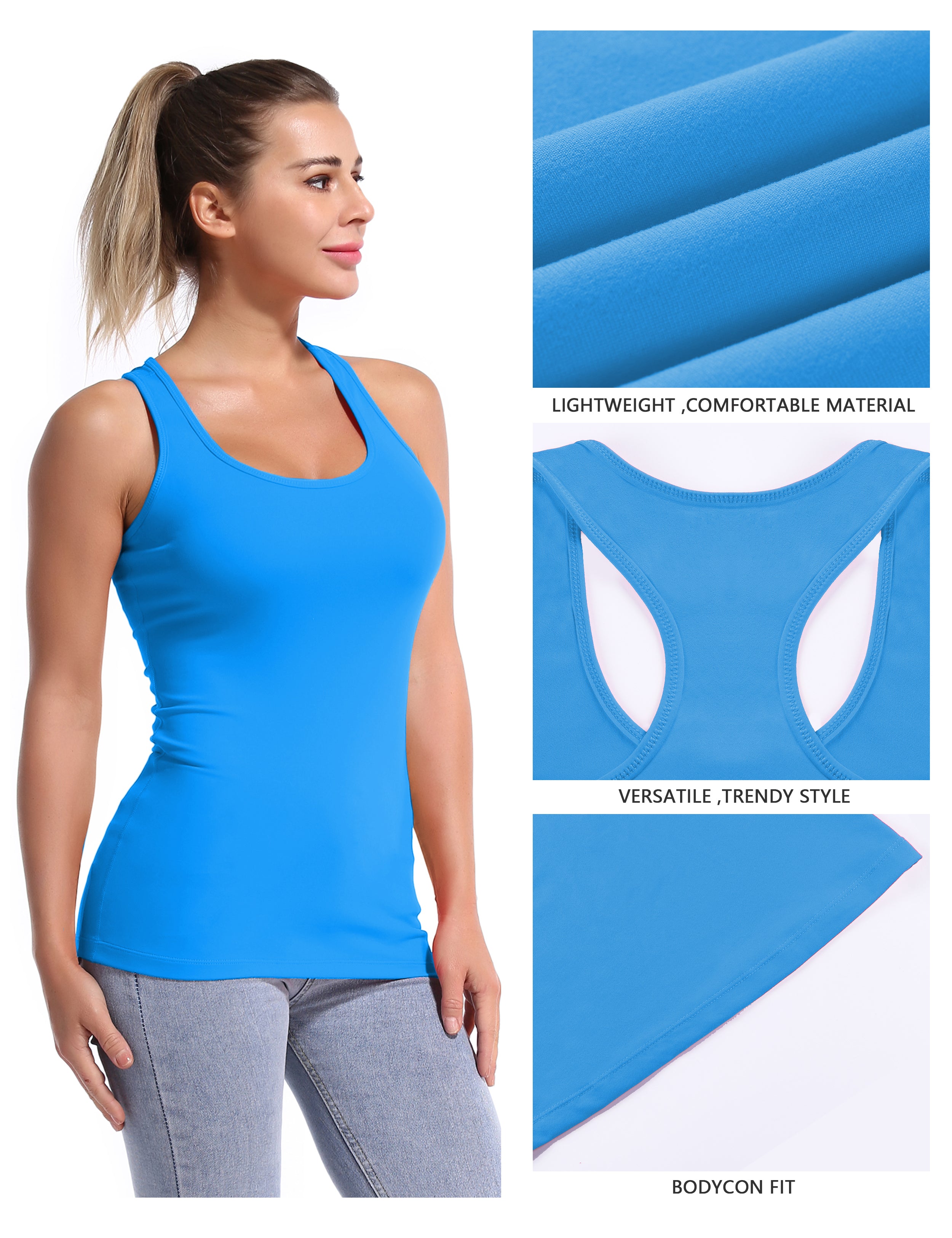 Racerback Athletic Tank Tops deepskyblue 92%Nylon/8%Spandex(Cotton Soft) Designed for Jogging Tight Fit So buttery soft, it feels weightless Sweat-wicking Four-way stretch Breathable Contours your body Sits below the waistband for moderate, everyday coverage