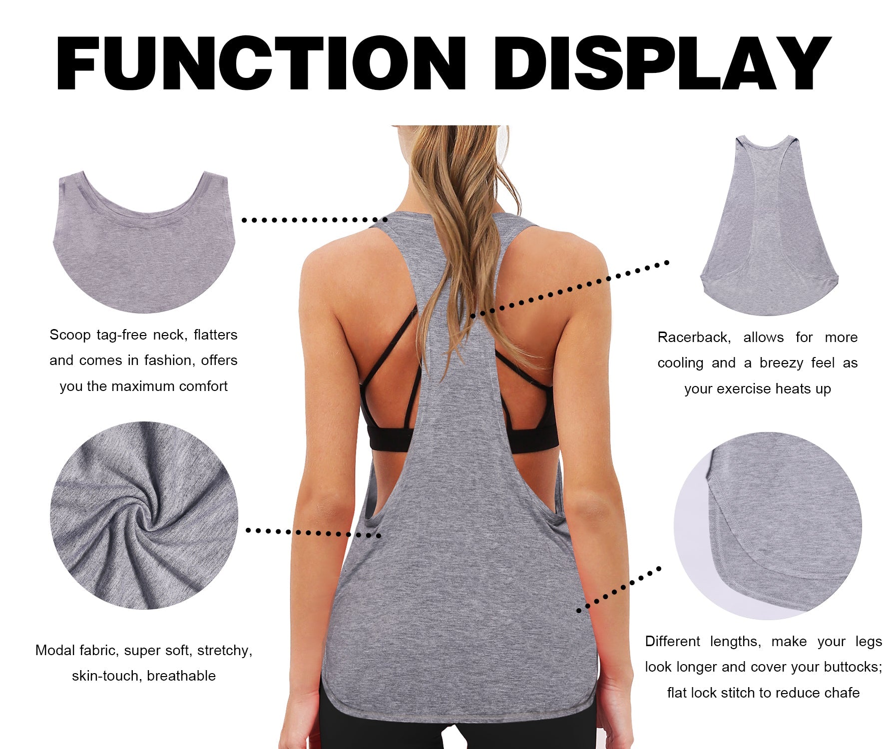 Low Cut Loose Fit Tank Top heathergray Designed for On the Move Loose fit 93%Modal/7%Spandex Four-way stretch Naturally breathable Super-Soft, Modal Fabric