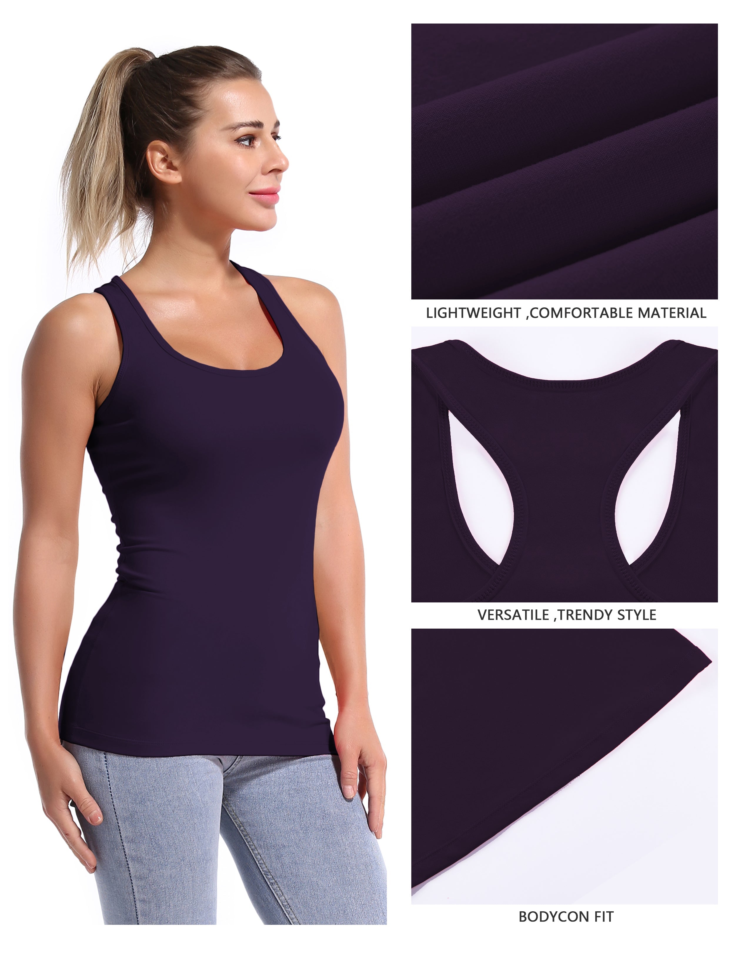 Racerback Athletic Tank Tops midnightblue 92%Nylon/8%Spandex(Cotton Soft) Designed for Gym Tight Fit So buttery soft, it feels weightless Sweat-wicking Four-way stretch Breathable Contours your body Sits below the waistband for moderate, everyday coverage