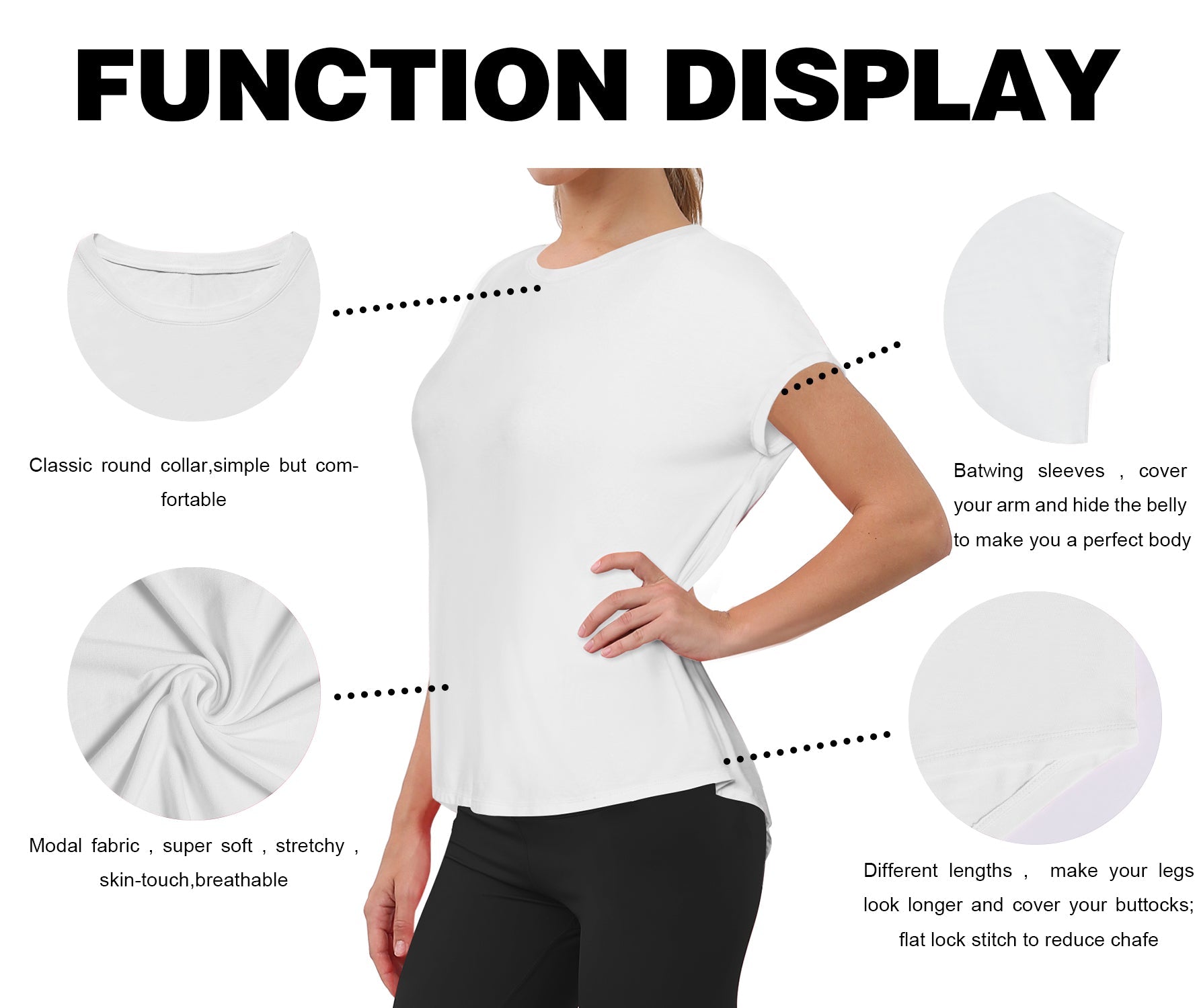 Hip Length Short Sleeve Shirt white 93%Modal/7%Spandex Designed for Pilates Classic Fit, Hip Length An easy fit that floats away from your body Sits below the waistband for moderate, everyday coverage Lightweight, elastic, strong fabric for moisture absorption and perspiration, sports and fitness clothing.