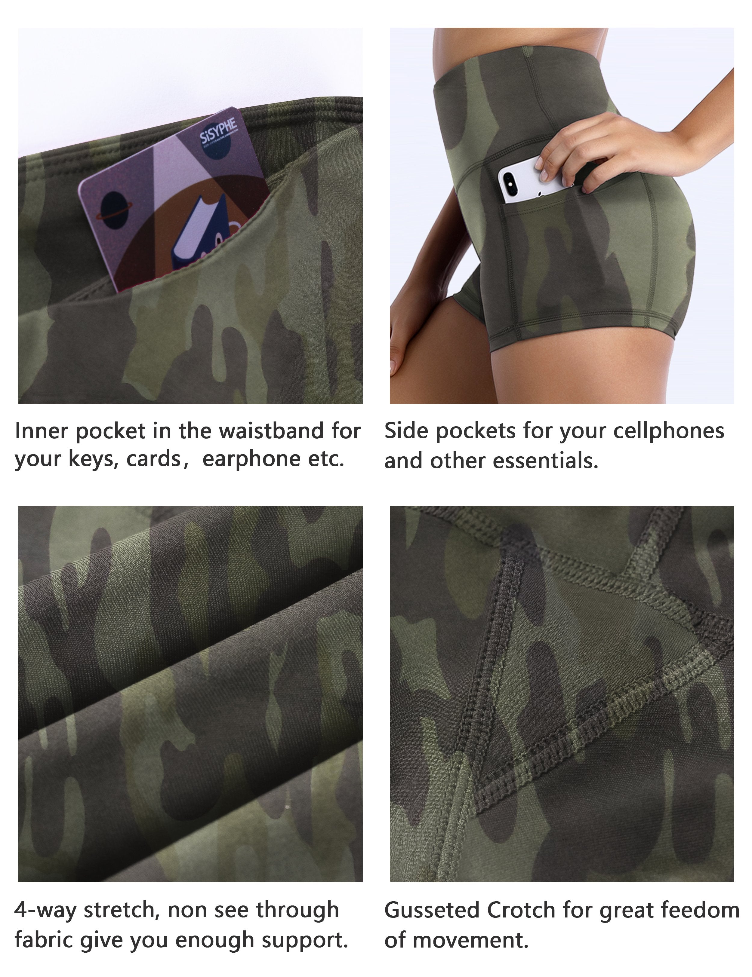 2.5" Printed Side Pockets Pilates Shorts green camo Sleek, soft, smooth and totally comfortable: our newest sexy style is here. Softest-ever fabric High elasticity High density 4-way stretch Fabric doesn't attract lint easily No see-through Moisture-wicking Machine wash 78% Polyester, 22% Spandex