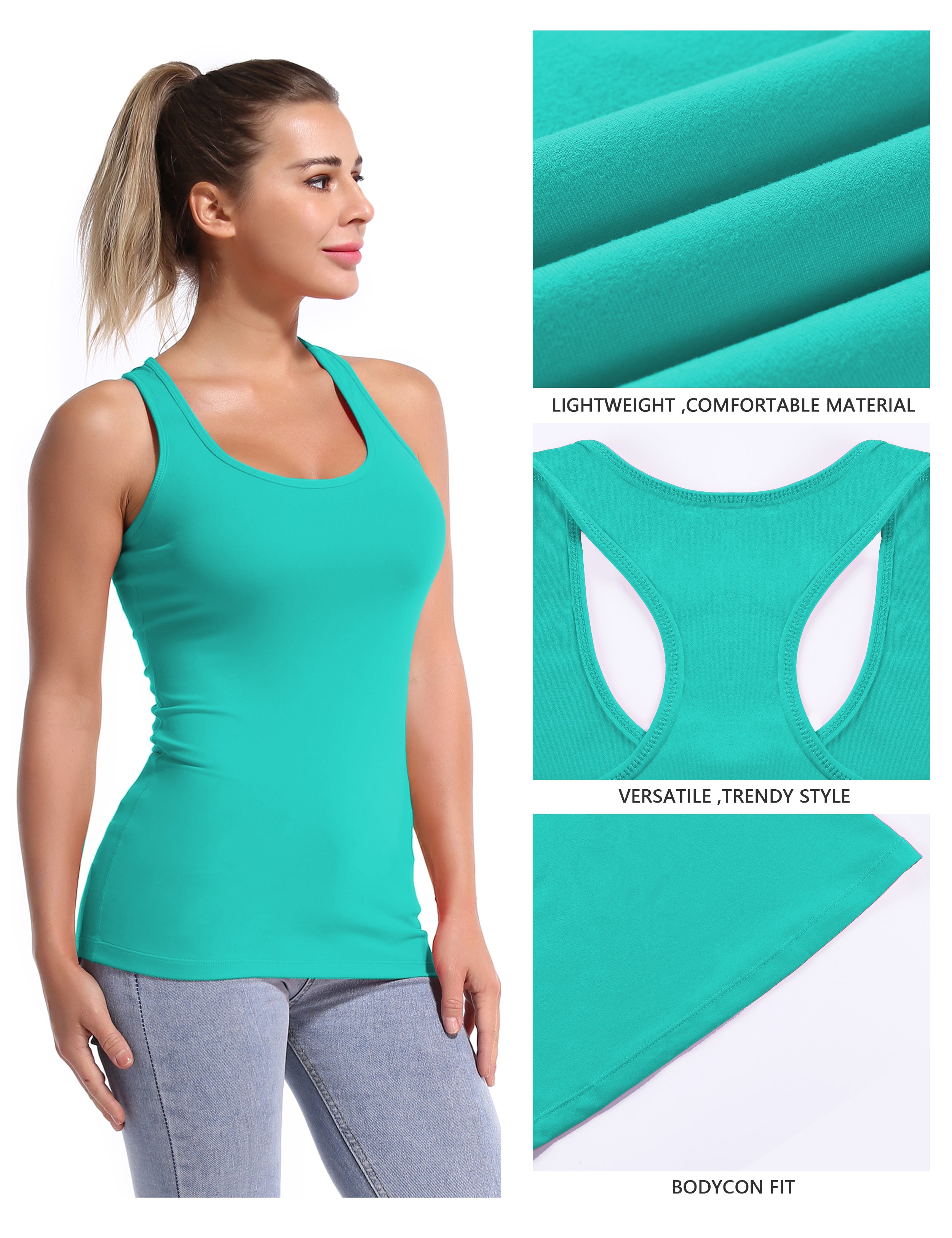 Racerback Athletic Tank Tops cyan 92%Nylon/8%Spandex(Cotton Soft) Designed for Yoga Tight Fit So buttery soft, it feels weightless Sweat-wicking Four-way stretch Breathable Contours your body Sits below the waistband for moderate, everyday coverage