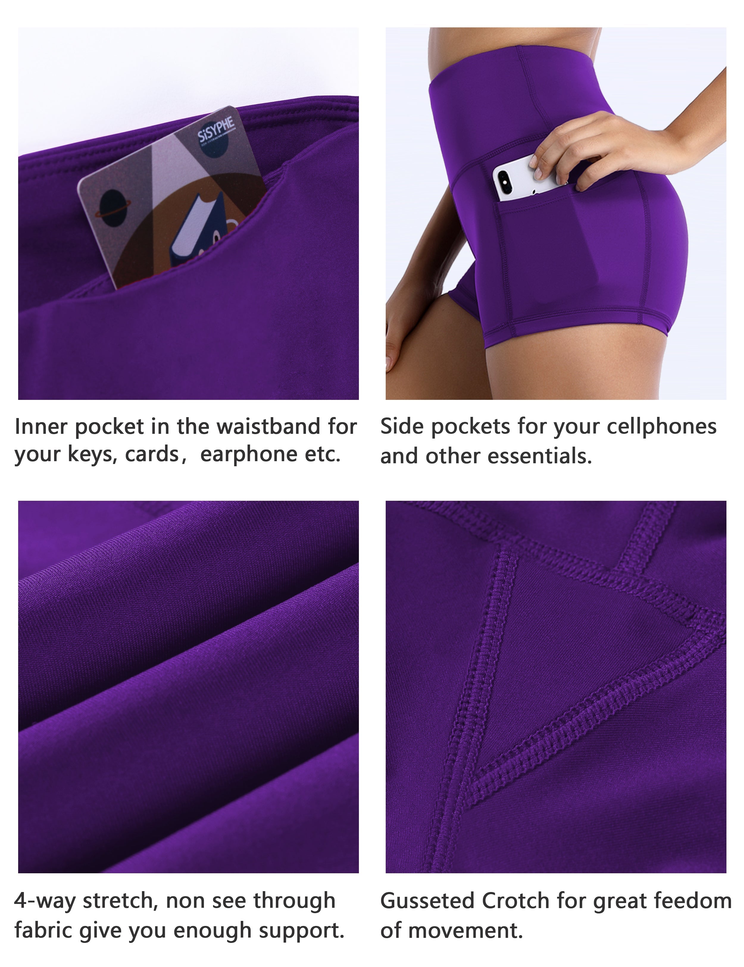 2.5" Side Pockets Yoga Shorts eggplantpurple Sleek, soft, smooth and totally comfortable: our newest sexy style is here. Softest-ever fabric High elasticity High density 4-way stretch Fabric doesn't attract lint easily No see-through Moisture-wicking Machine wash 78% Polyester, 22% Spandex