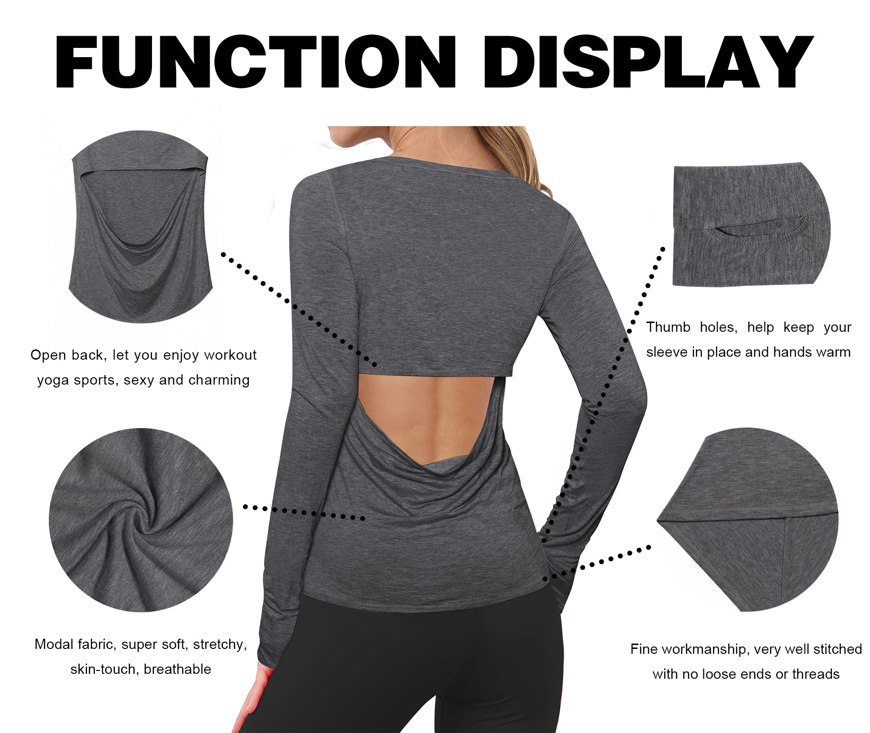 Open Back Long Sleeve Tops heathercharcoal Designed for On the Move Slim fit 93%Modal/7%Spandex Four-way stretch Naturally breathable Super-Soft, Modal Fabric