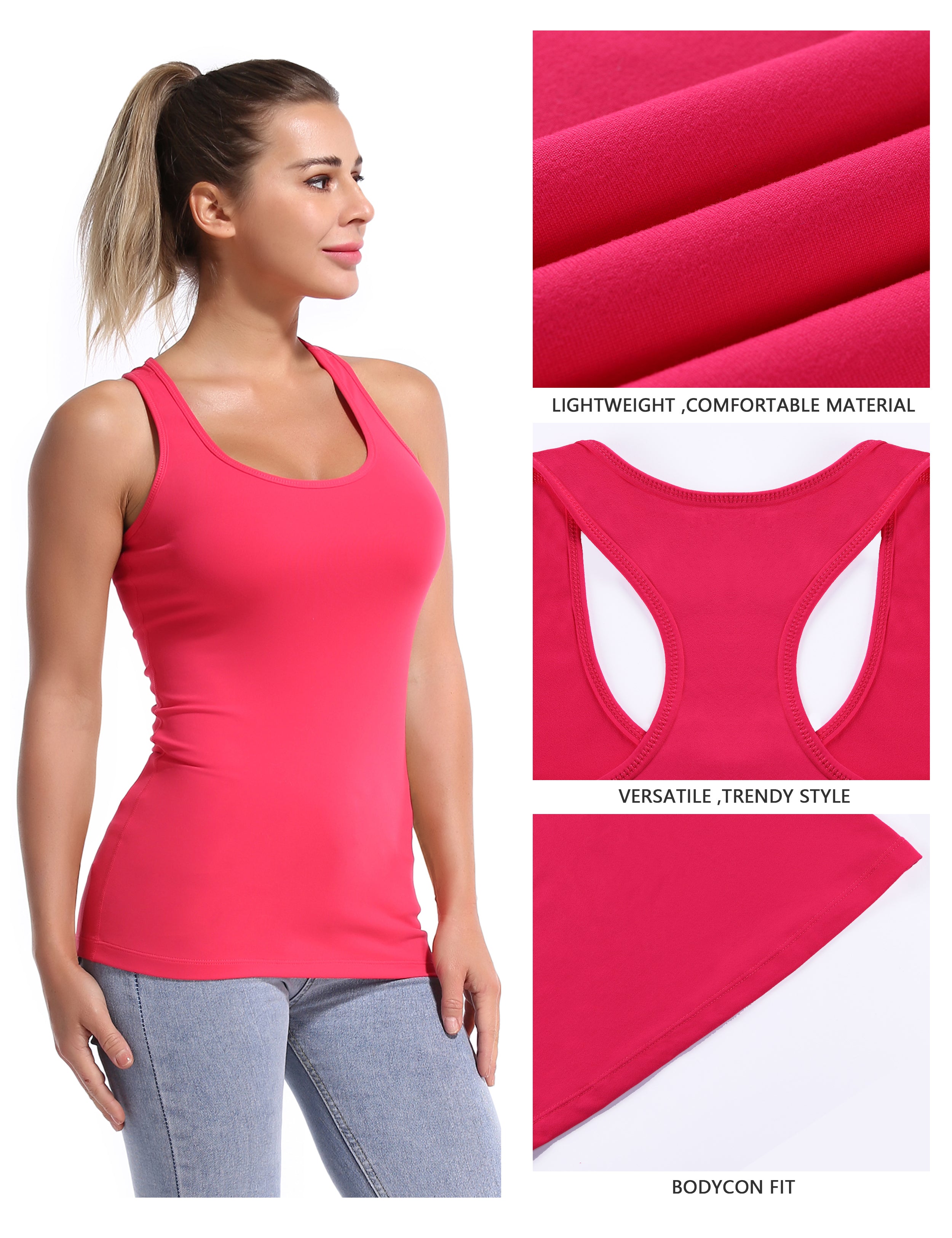 Racerback Athletic Tank Tops red 92%Nylon/8%Spandex(Cotton Soft) Designed for Yoga Tight Fit So buttery soft, it feels weightless Sweat-wicking Four-way stretch Breathable Contours your body Sits below the waistband for moderate, everyday coverage