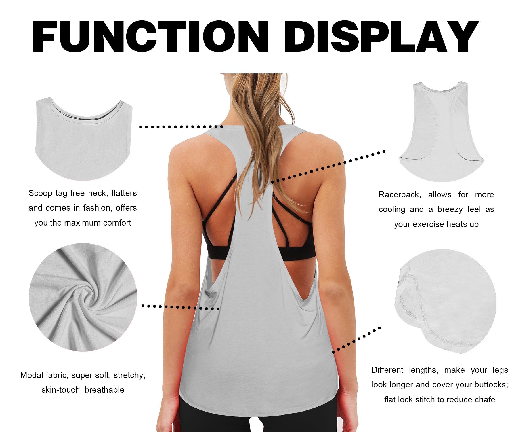 Low Cut Loose Fit Tank Top lightgray Designed for On the Move Loose fit 93%Modal/7%Spandex Four-way stretch Naturally breathable Super-Soft, Modal Fabric