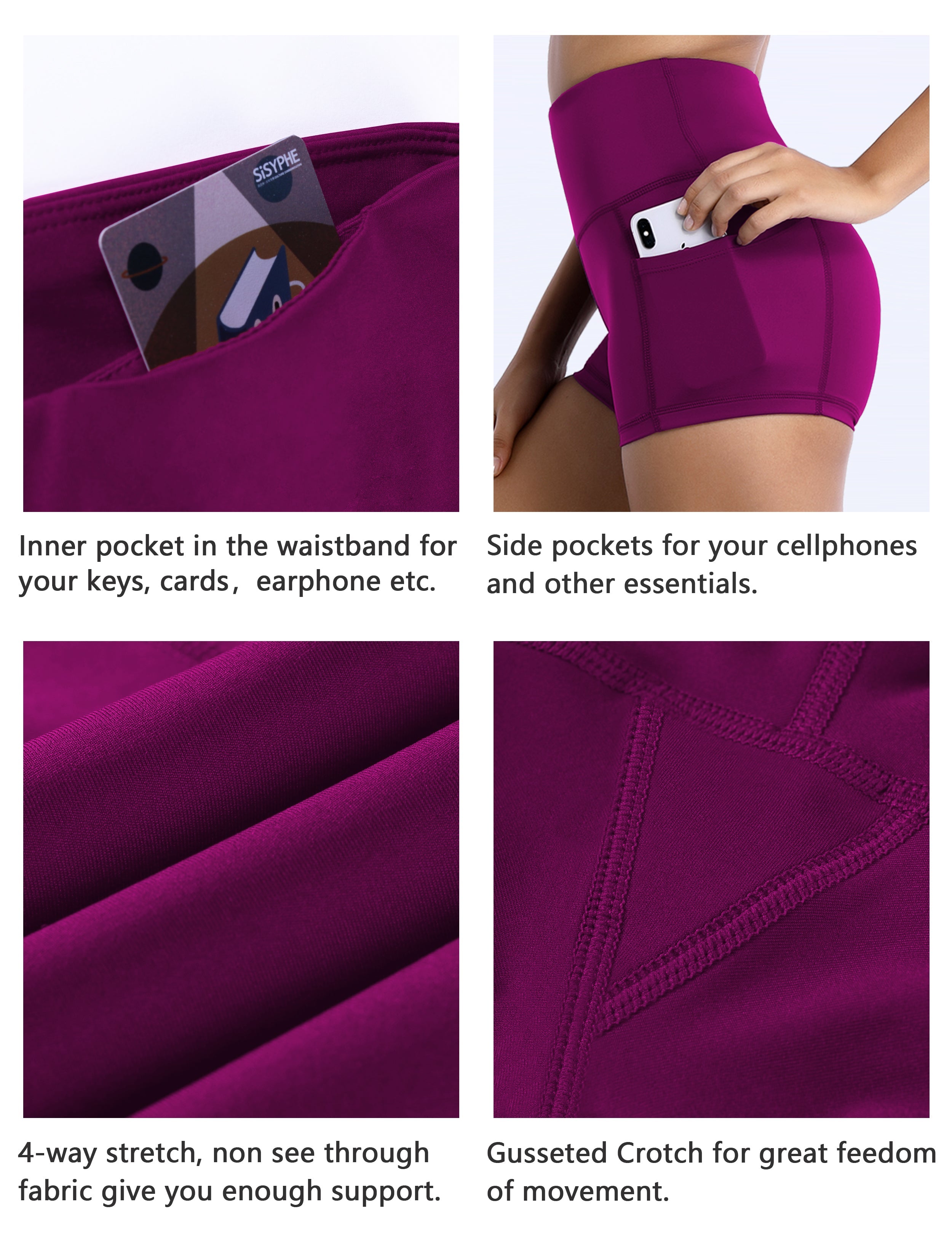 2.5" Side Pockets Biking Shorts grapevine Sleek, soft, smooth and totally comfortable: our newest sexy style is here. Softest-ever fabric High elasticity High density 4-way stretch Fabric doesn't attract lint easily No see-through Moisture-wicking Machine wash 78% Polyester, 22% Spandex