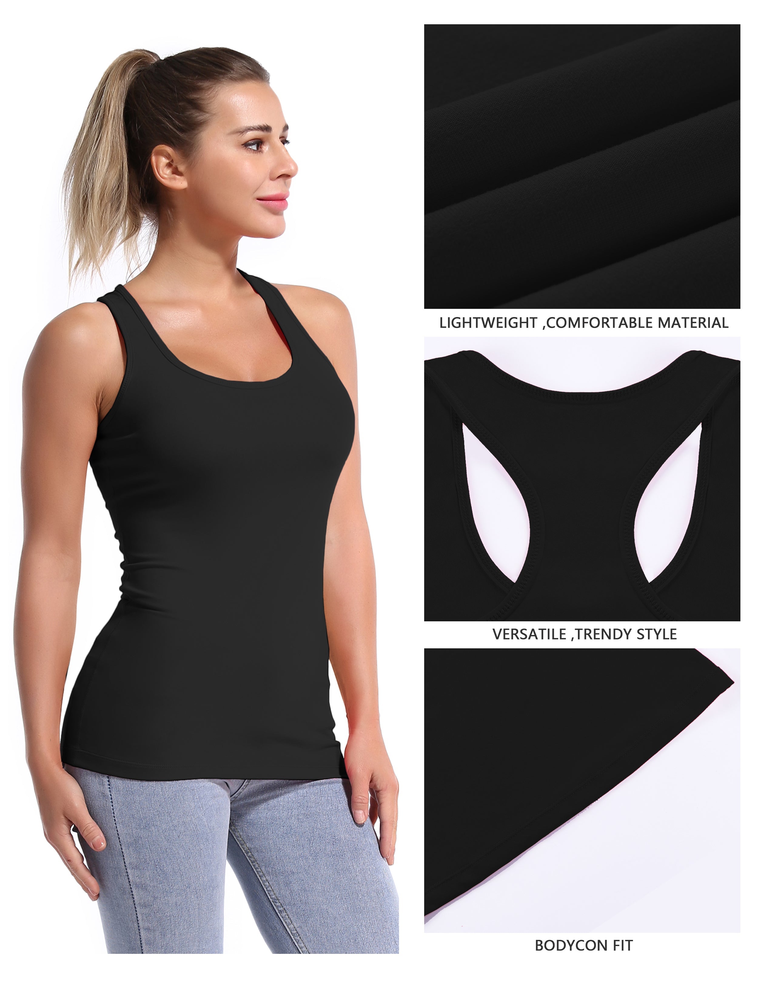 Racerback Athletic Tank Tops black 92%Nylon/8%Spandex(Cotton Soft) Designed for Yoga Tight Fit So buttery soft, it feels weightless Sweat-wicking Four-way stretch Breathable Contours your body Sits below the waistband for moderate, everyday coverage